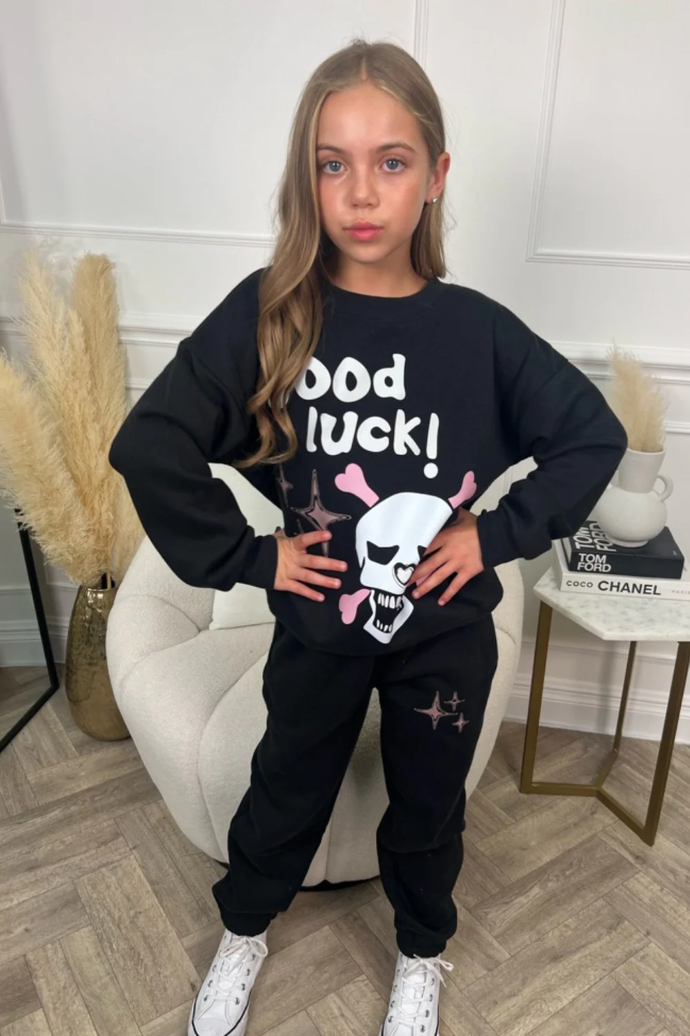 Mini black good luck printed sweater joggers loungewear - Image 2