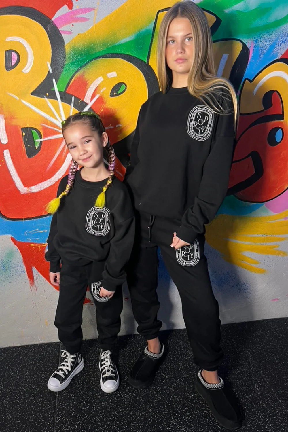 Mini black sporty wellness club embroidered sweater jogger loungewear