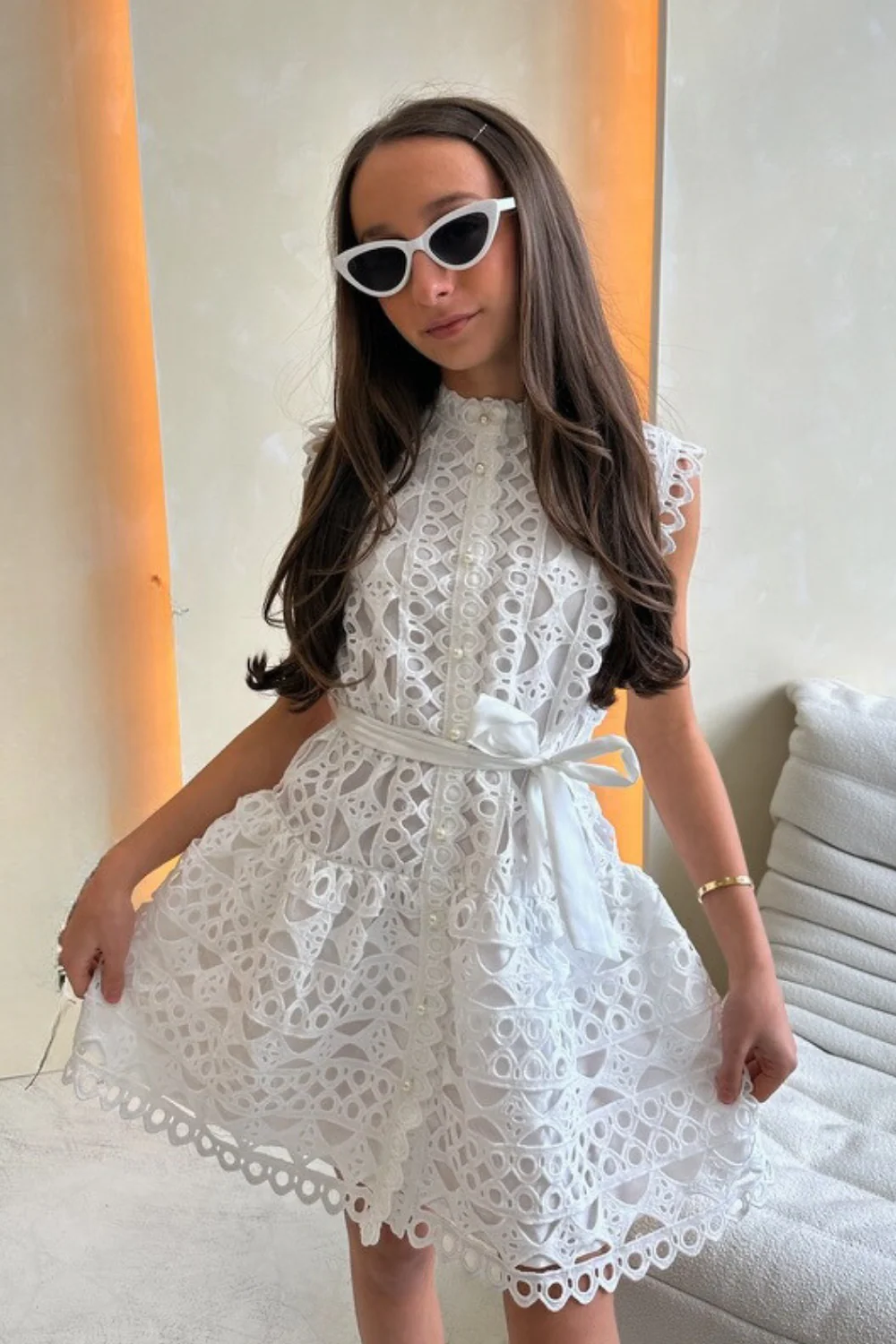 Mini Blair white lace belted dress - Image 2