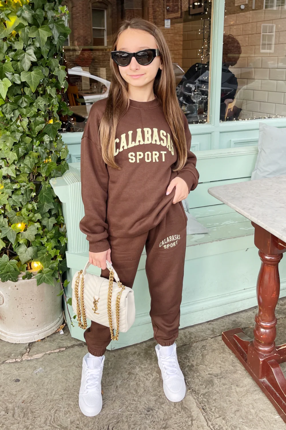Mini calabasas chocolate oversized embroidered sweater loungewear set