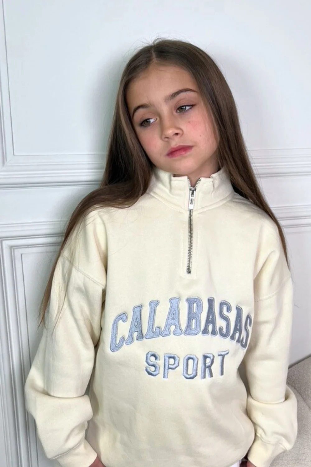 Mini Calabasas ecru embroidered 3/4 zip sweater loungewear - Image 3