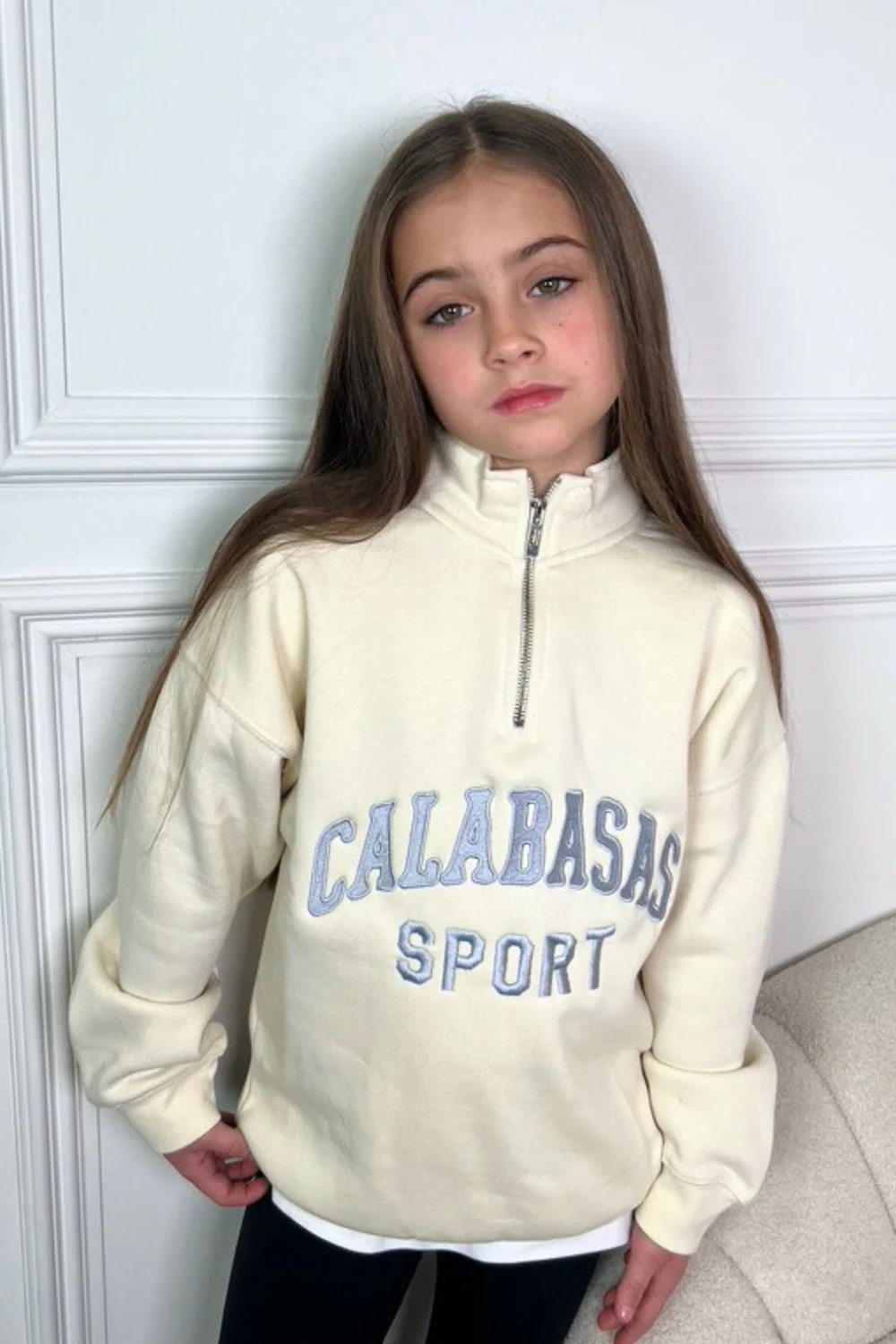 Mini Calabasas ecru embroidered 3/4 zip sweater loungewear - Image 5