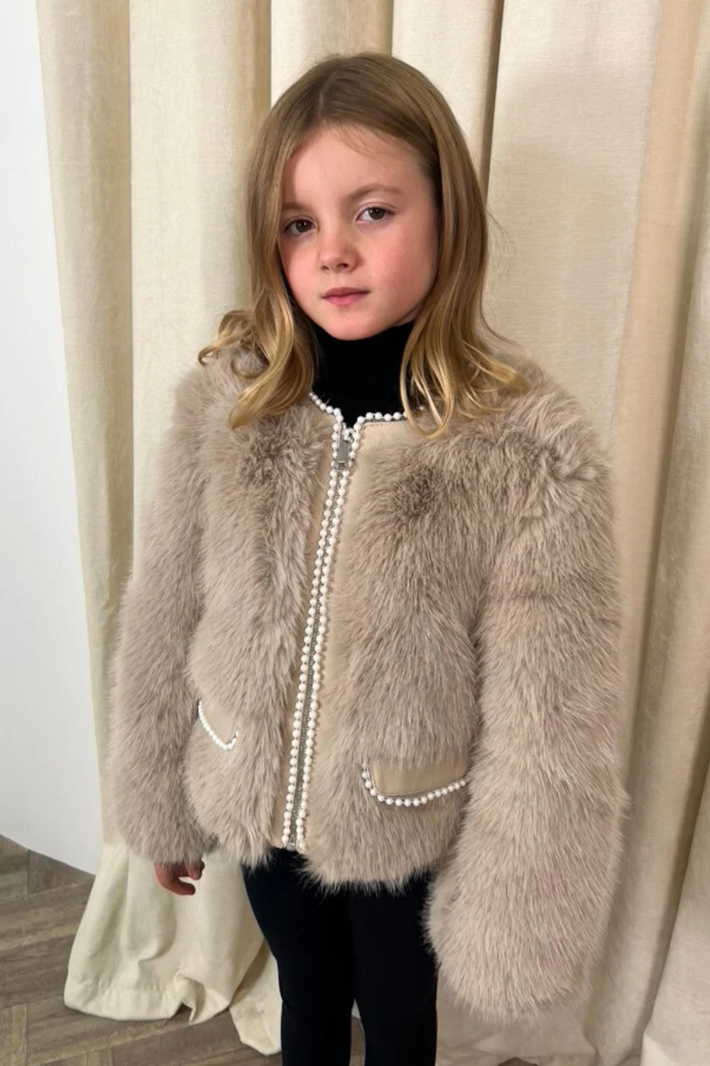 Mini Charlotte beige pearl trim faux fur coat - Image 2