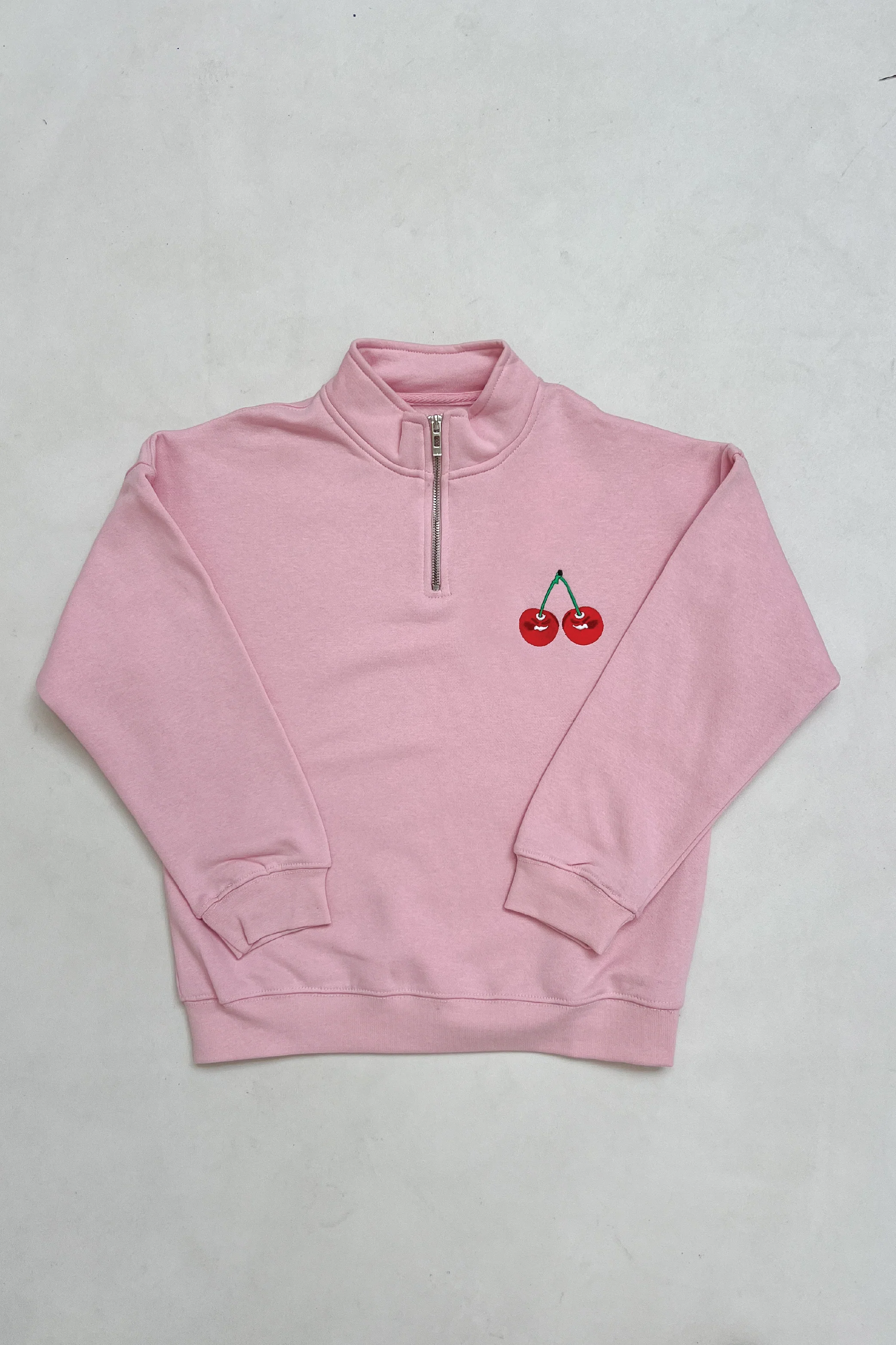 Mini cherry baby pink embroidered 3/4 zip sweater
