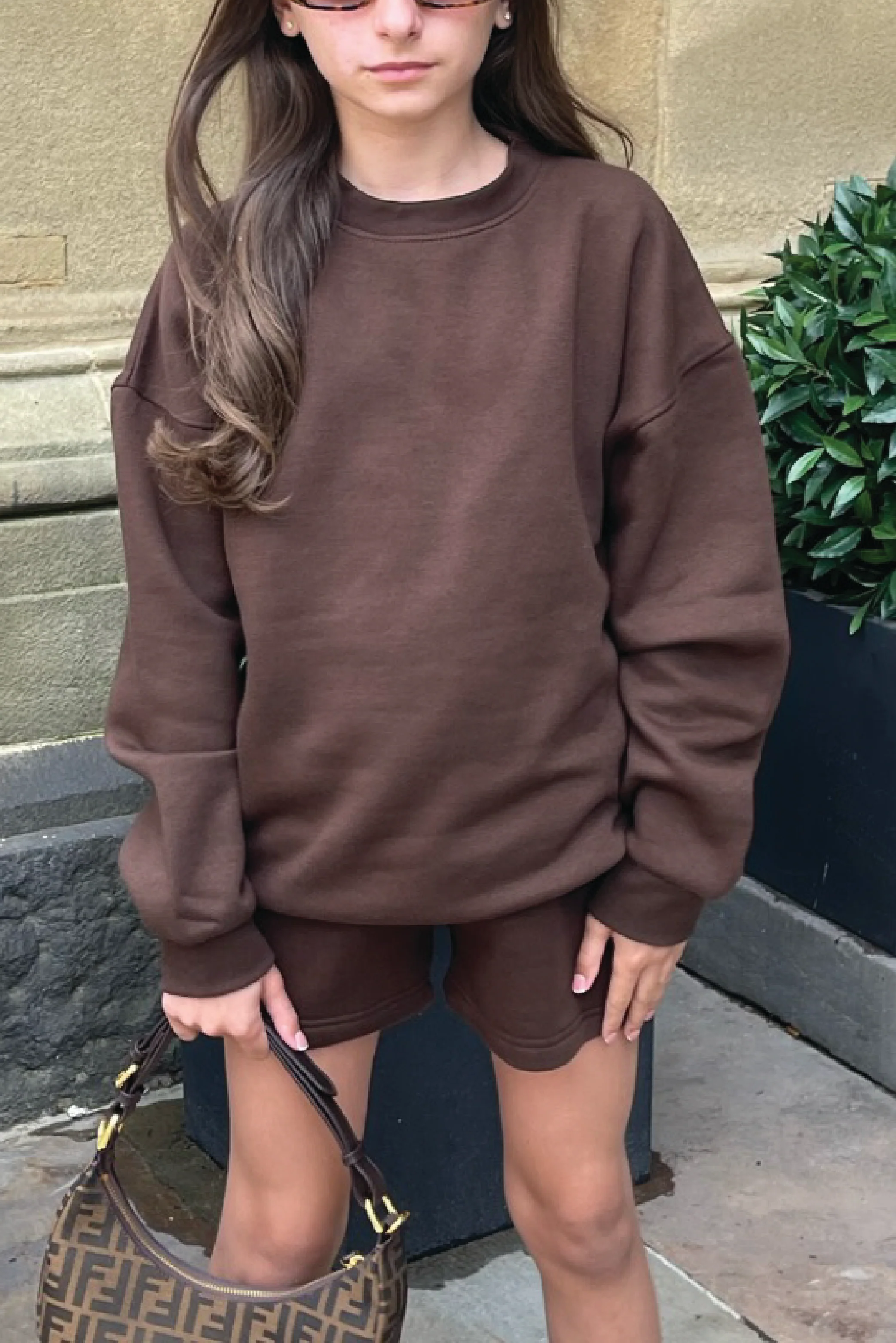 Mini Glamify brown essential sweater shorts loungewear set - Image 2