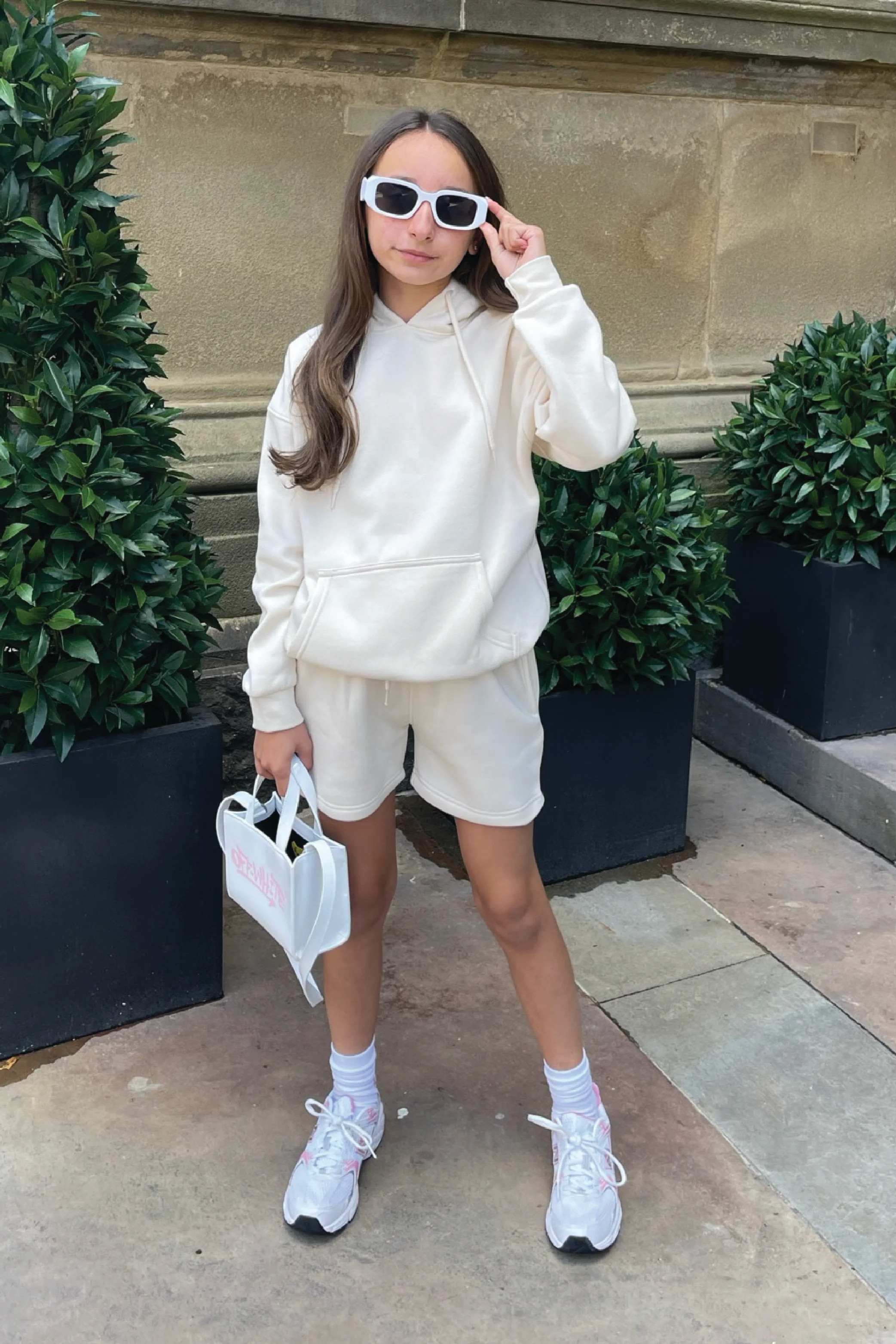 Mini Glamify ecru essential hoodie shorts loungewear set