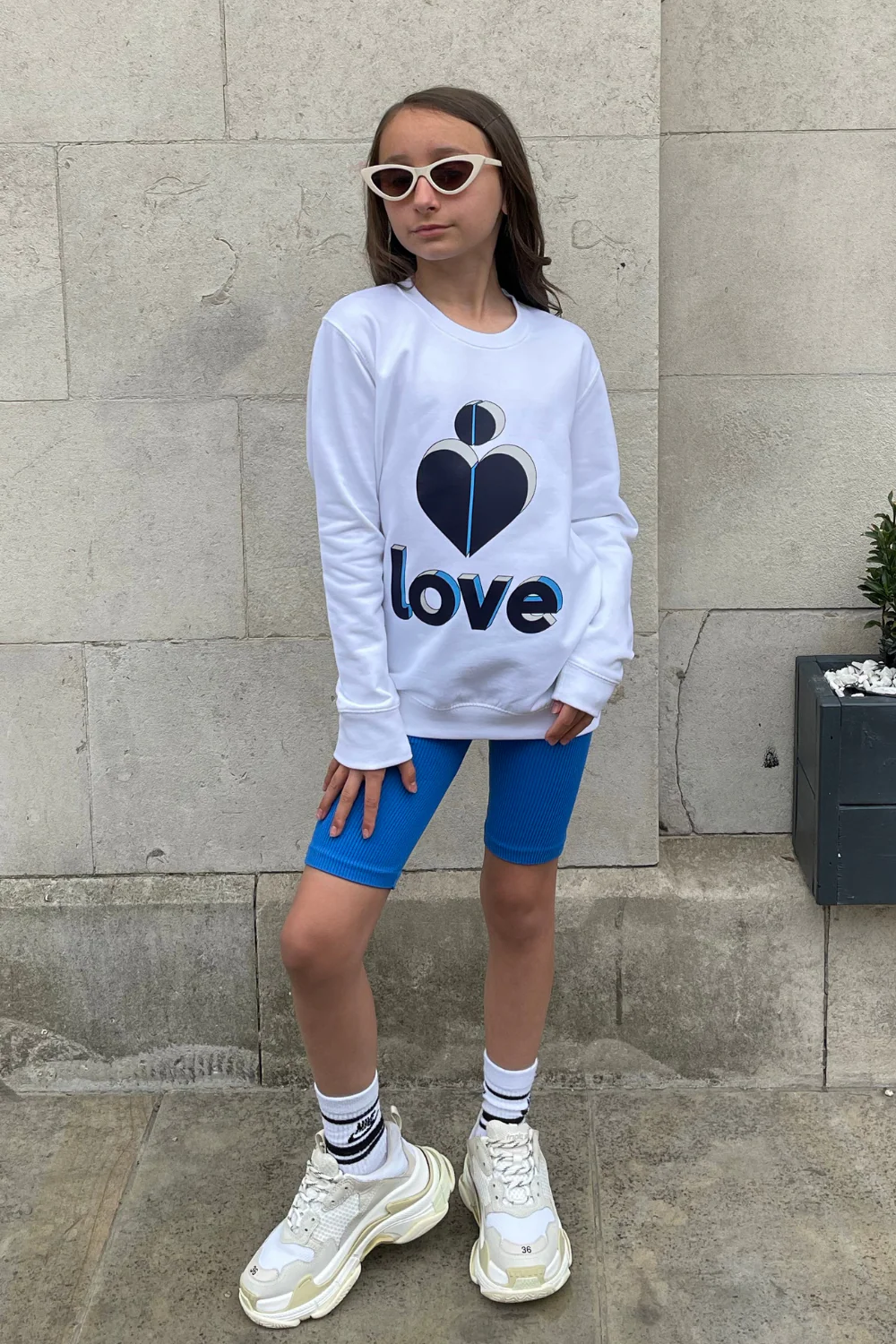 Mini love heart blue printed white sweater