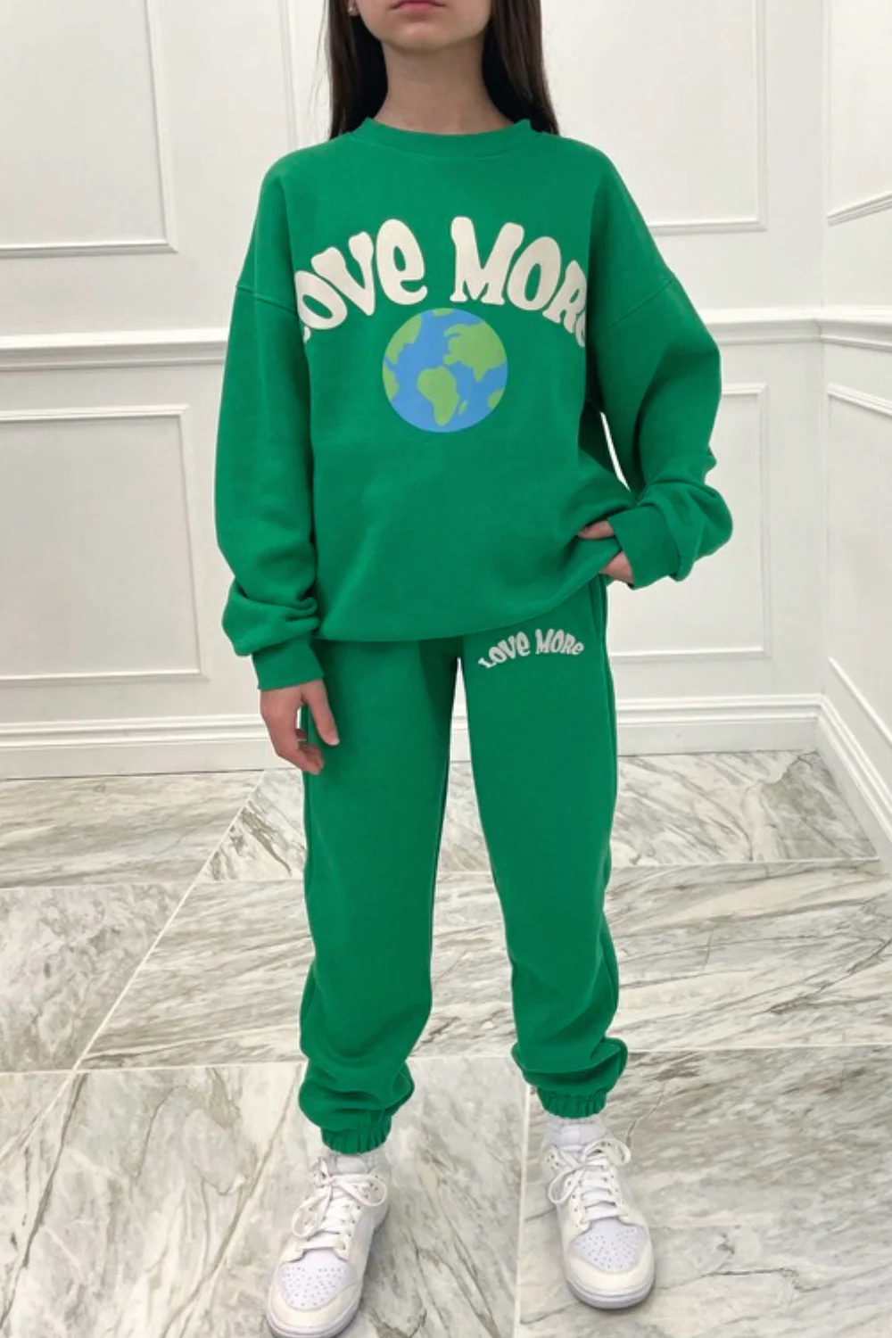 Mini love more green & white oversized printed sweater loungewear set
