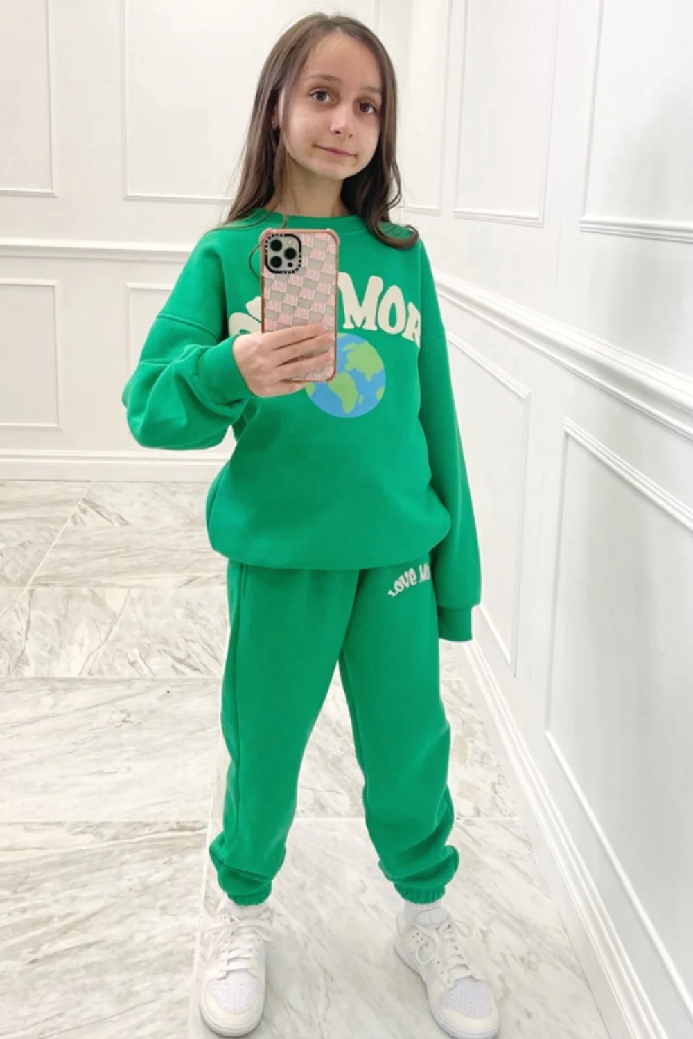 Mini love more green & white oversized printed sweater loungewear set - Image 2