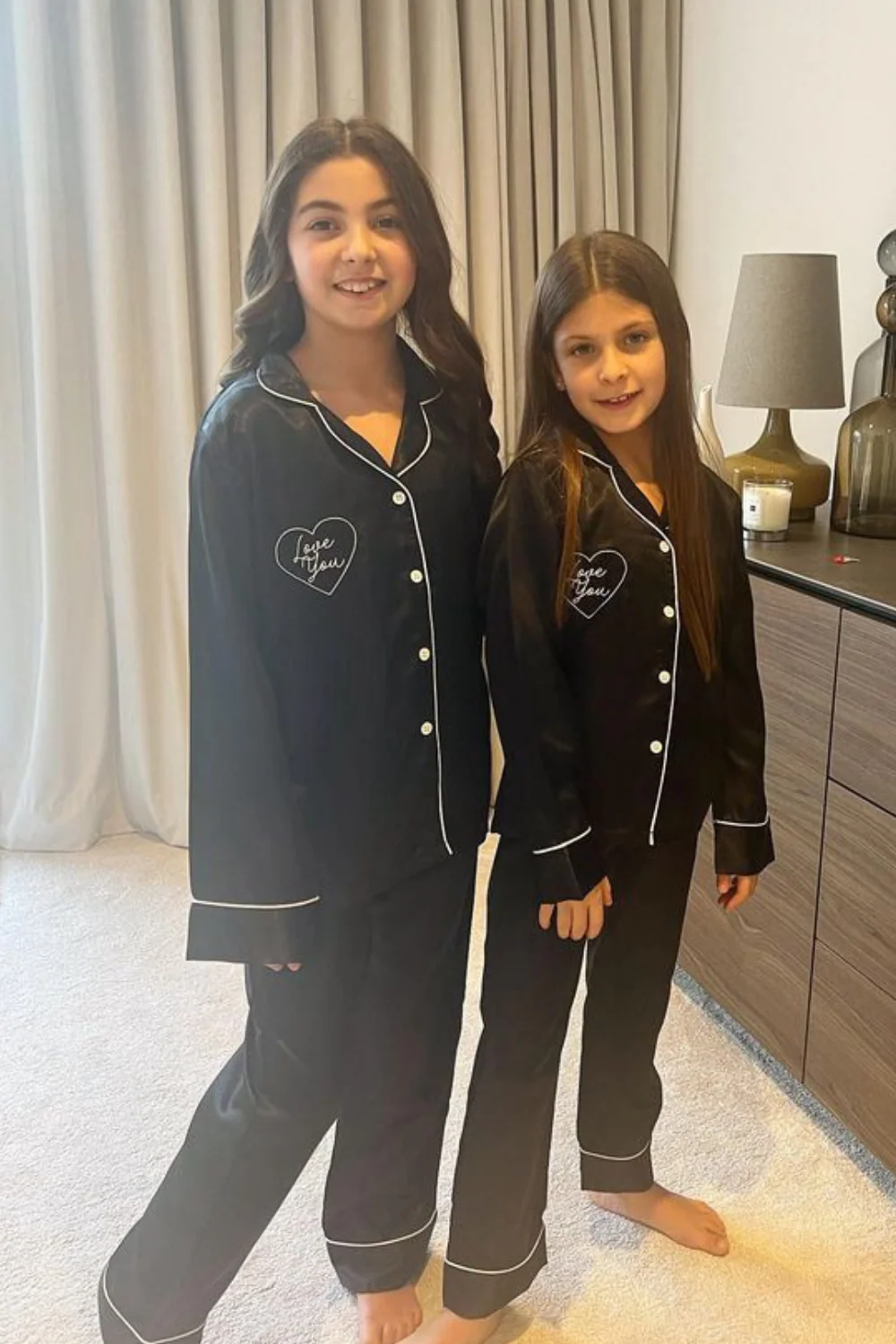 Mini Love you black satin embroidered pyjamas