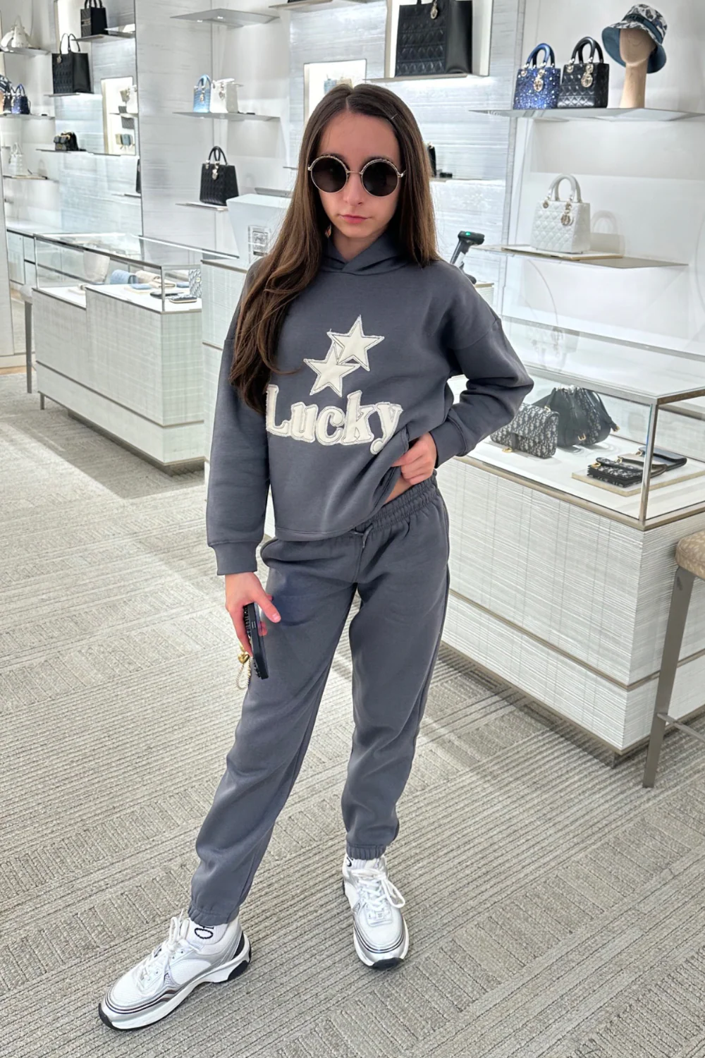 Mini Lucky steel grey embroidered hoodie and joggers - Image 2