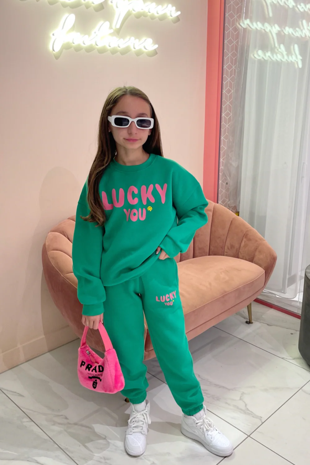 Mini lucky you green oversized printed sweater loungewear set