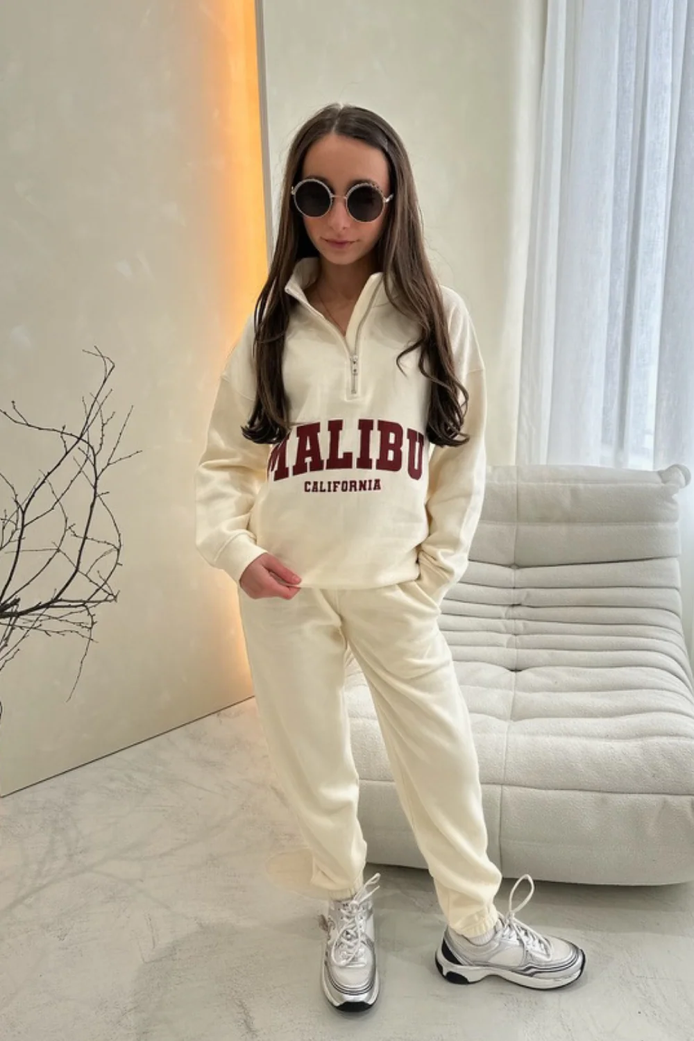 Mini Malibu ecru printed 3/4 zip sweater and joggers