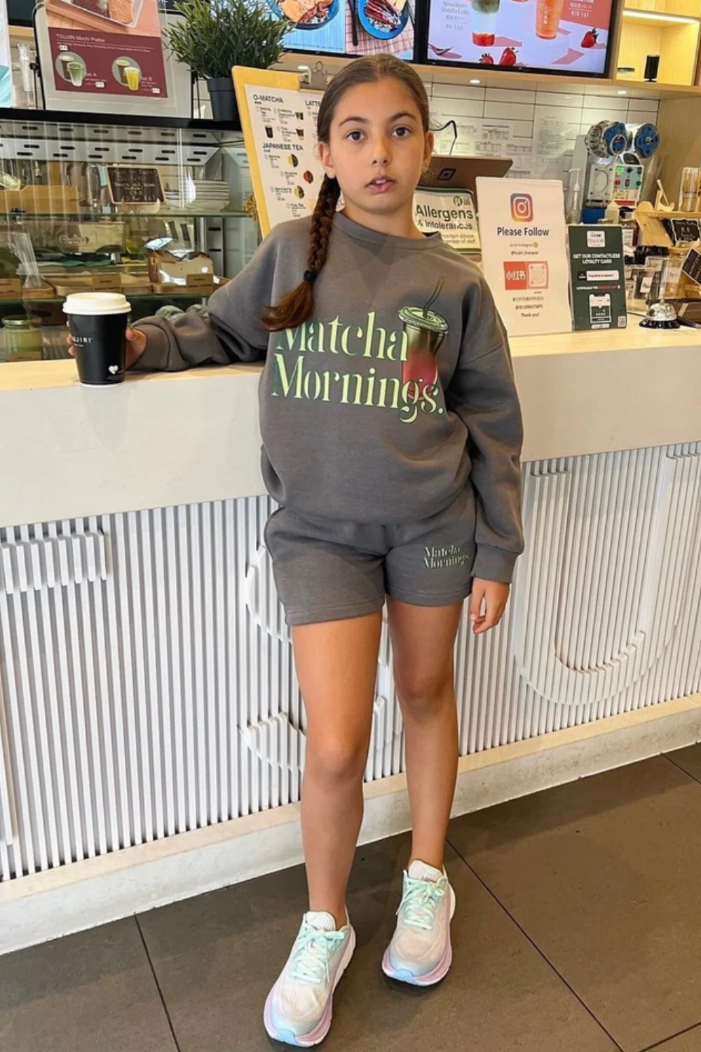 Mini matcha morning steel grey printed sweater shorts loungewear - Image 2
