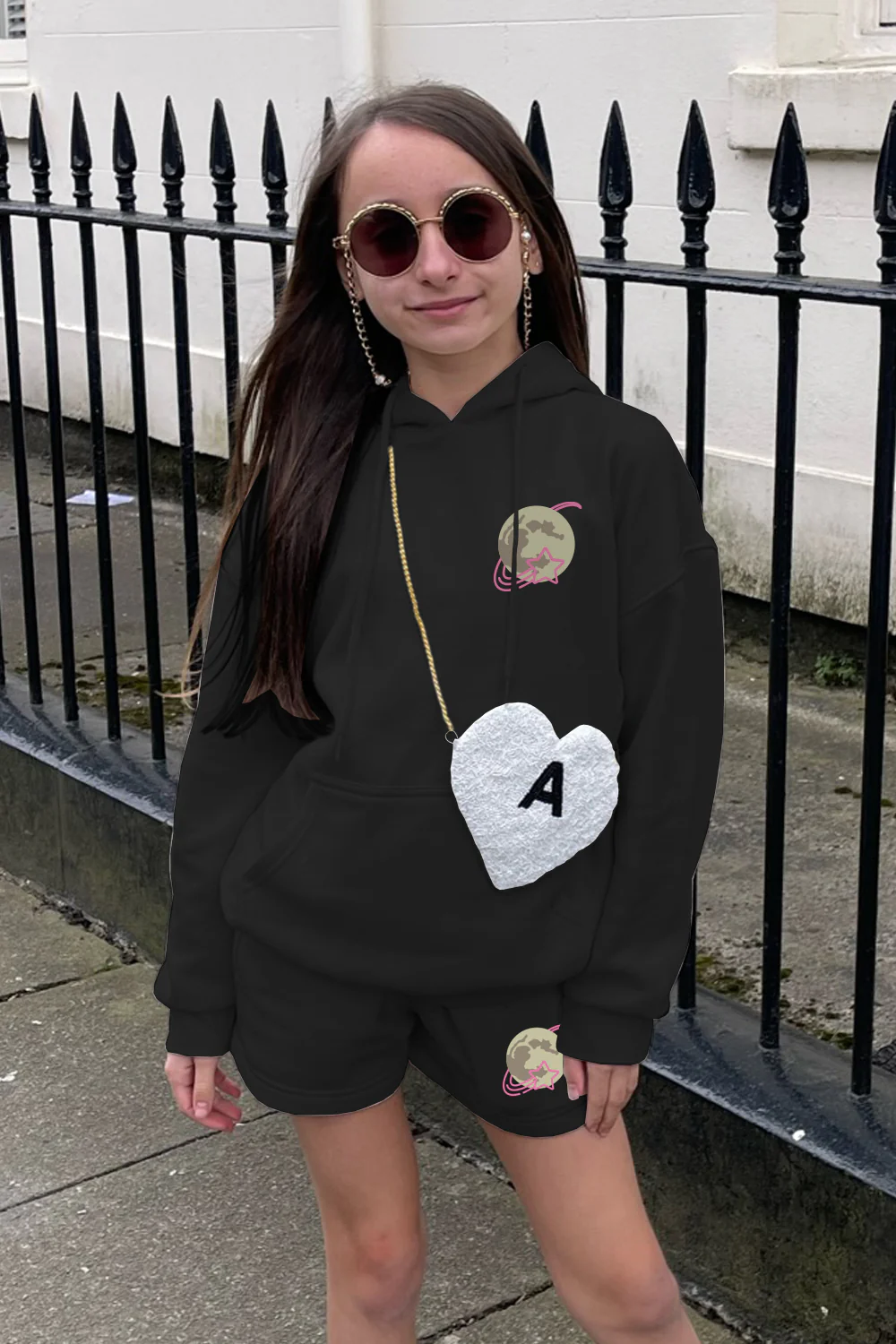 Mini Moon printed black essential hoodie shorts loungewear set mini glamify