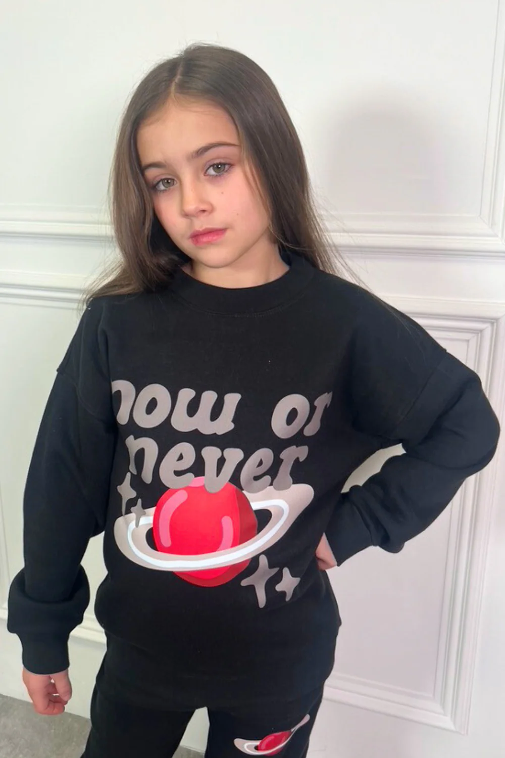 Mini Now or never black printed sweater jogger loungewear - Image 2
