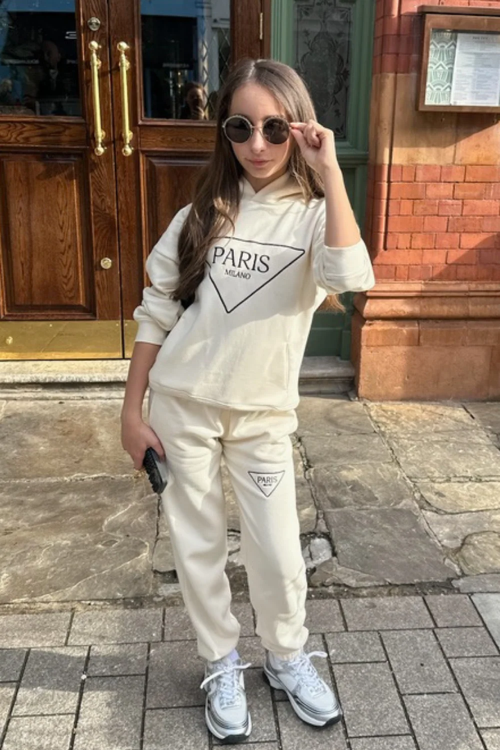Mini Paris triangle ecru embroidered hoodie and joggers - Image 2