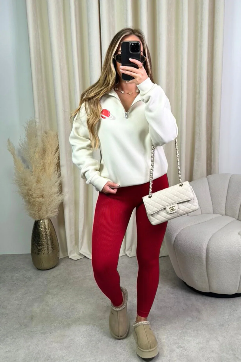 Mini planet ecru and red printed 3/4 sweater and legging set