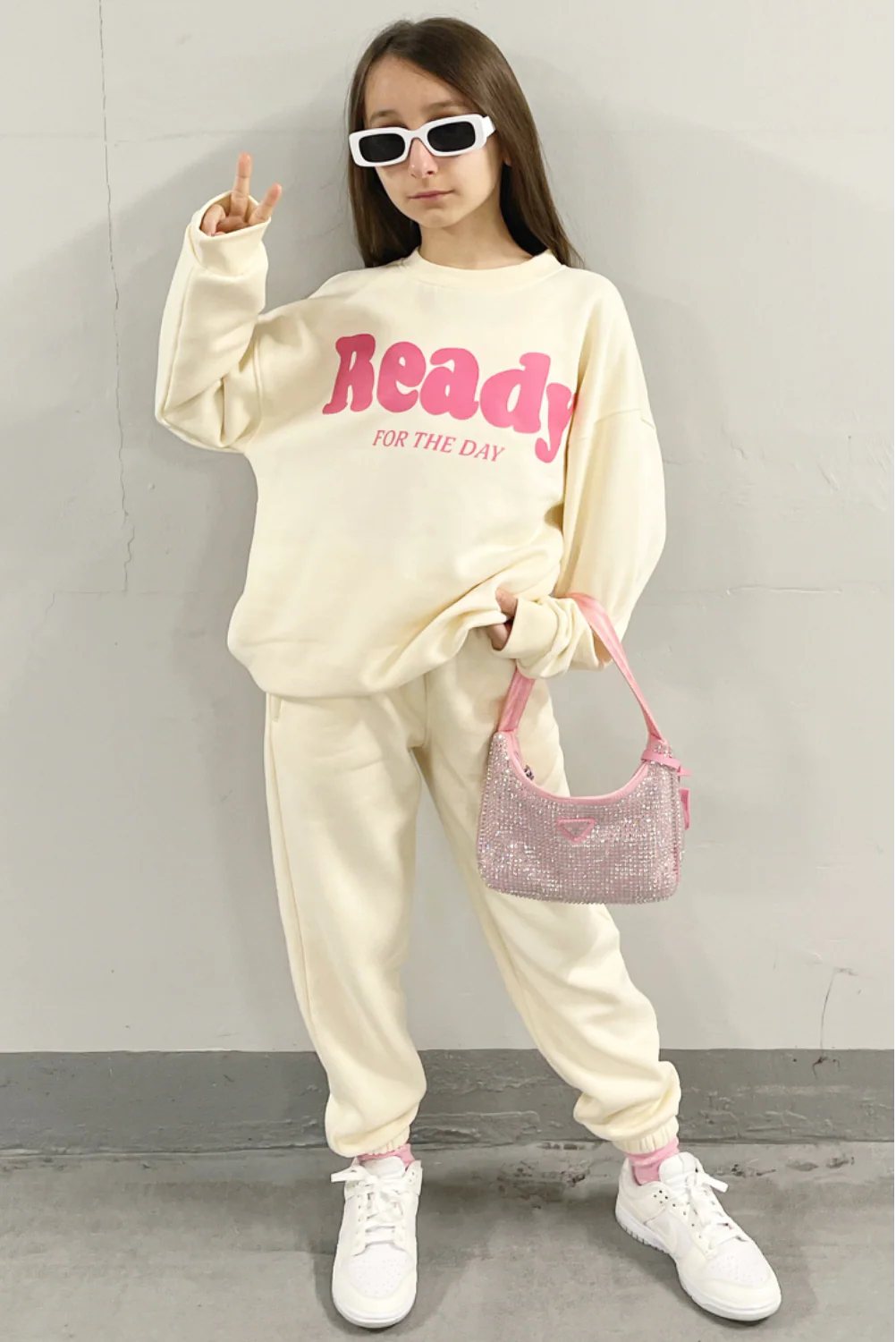 Mini ready pink & ecru oversized sweater loungewear set