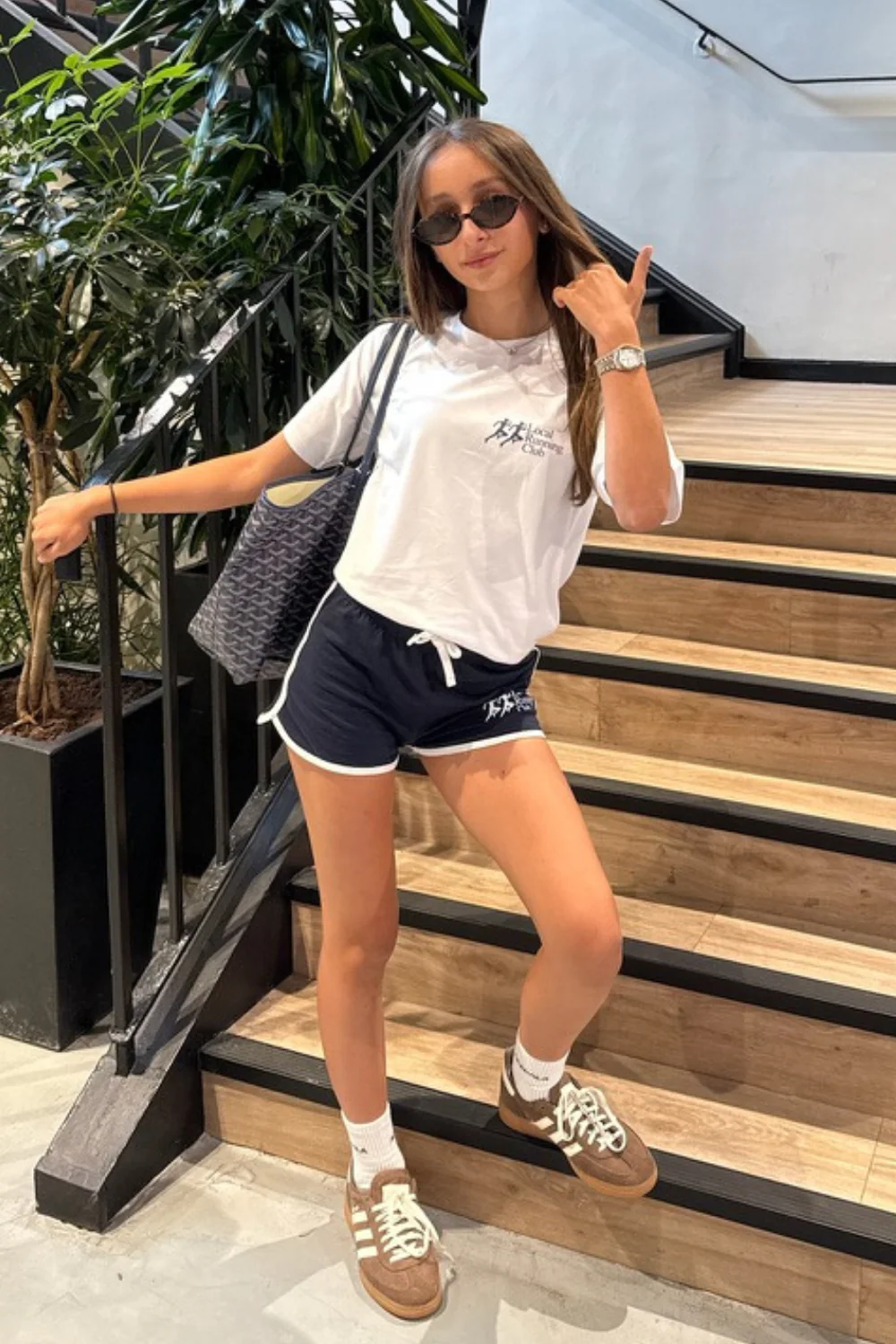 Mini run club white & navy printed t-shirt and mini shorts - Image 2