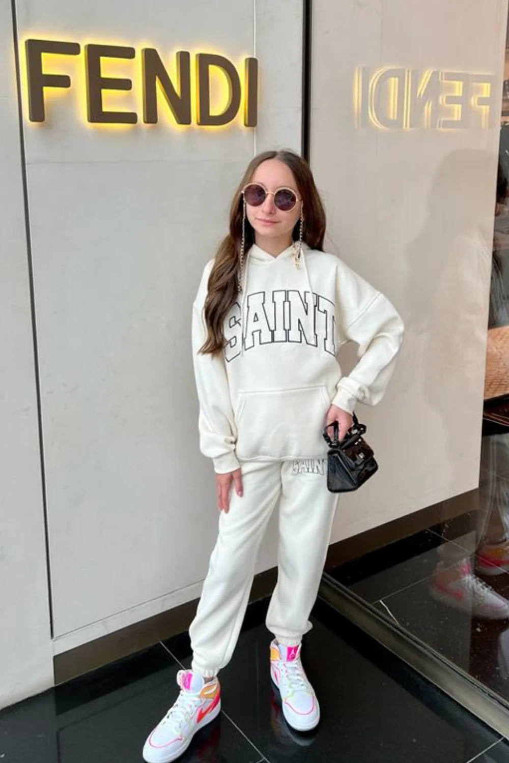 Mini Saint ecru printed oversized hoodie loungewear set