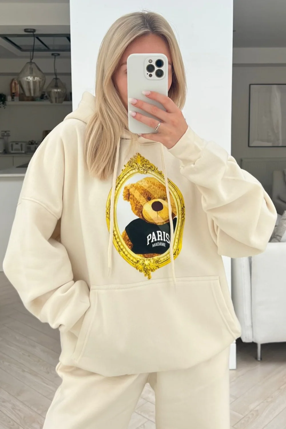Mirror teddy ecru embroidered jogger hooded loungewear set