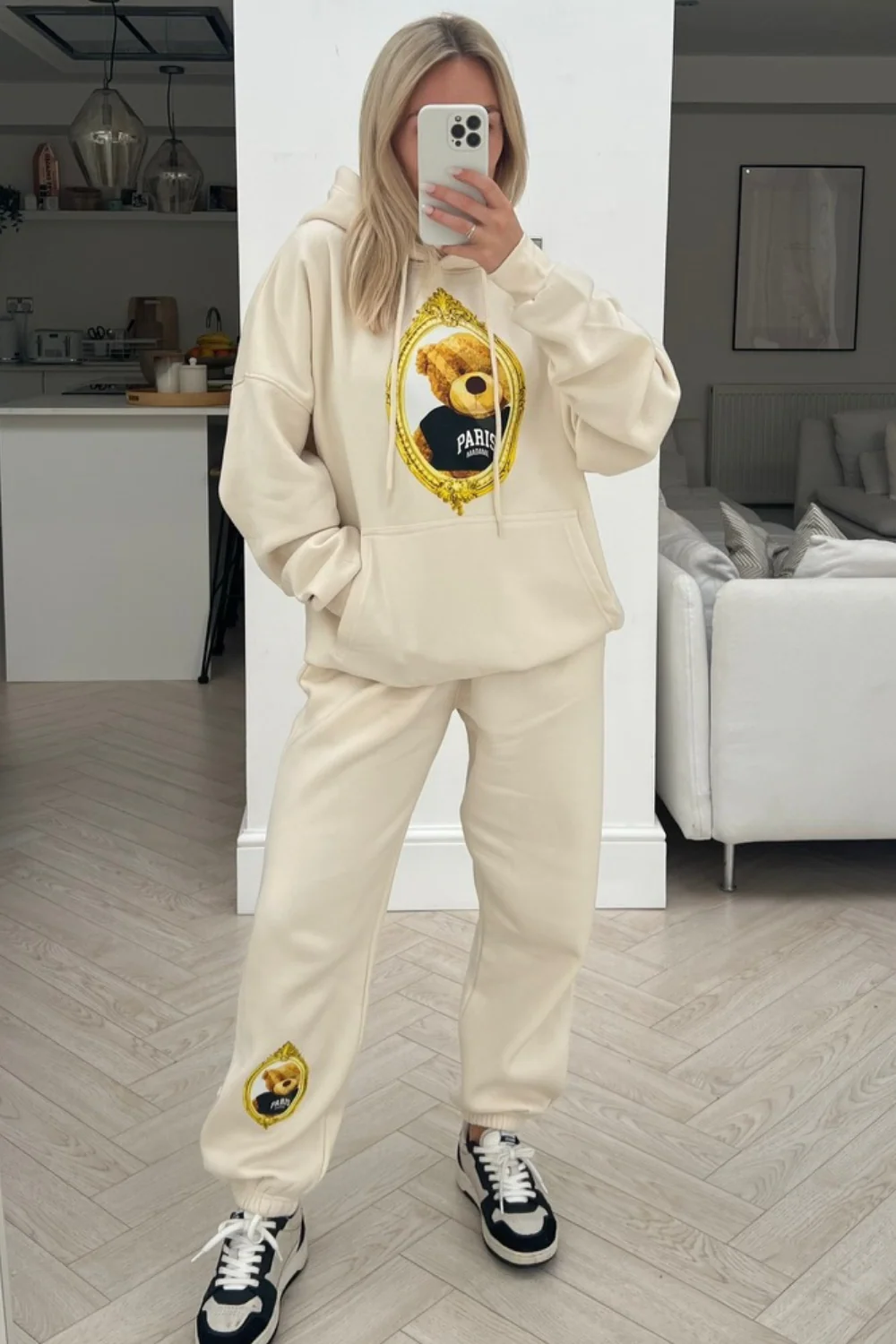 Mirror teddy ecru embroidered jogger hooded loungewear set - Image 2