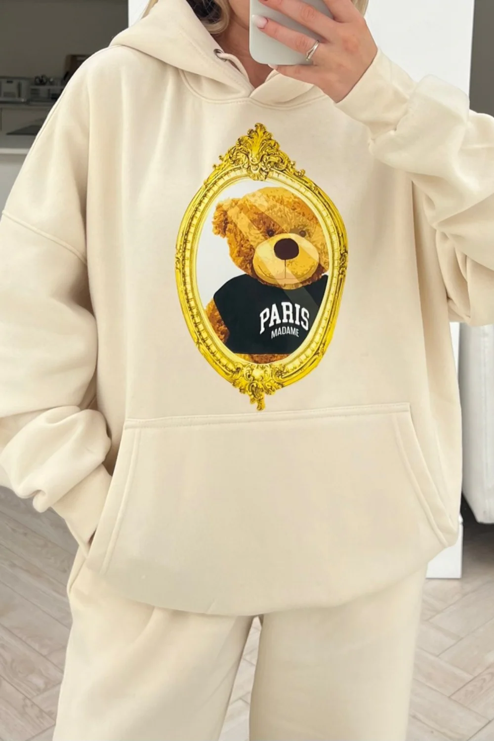 Mirror teddy ecru embroidered jogger hooded loungewear set - Image 3