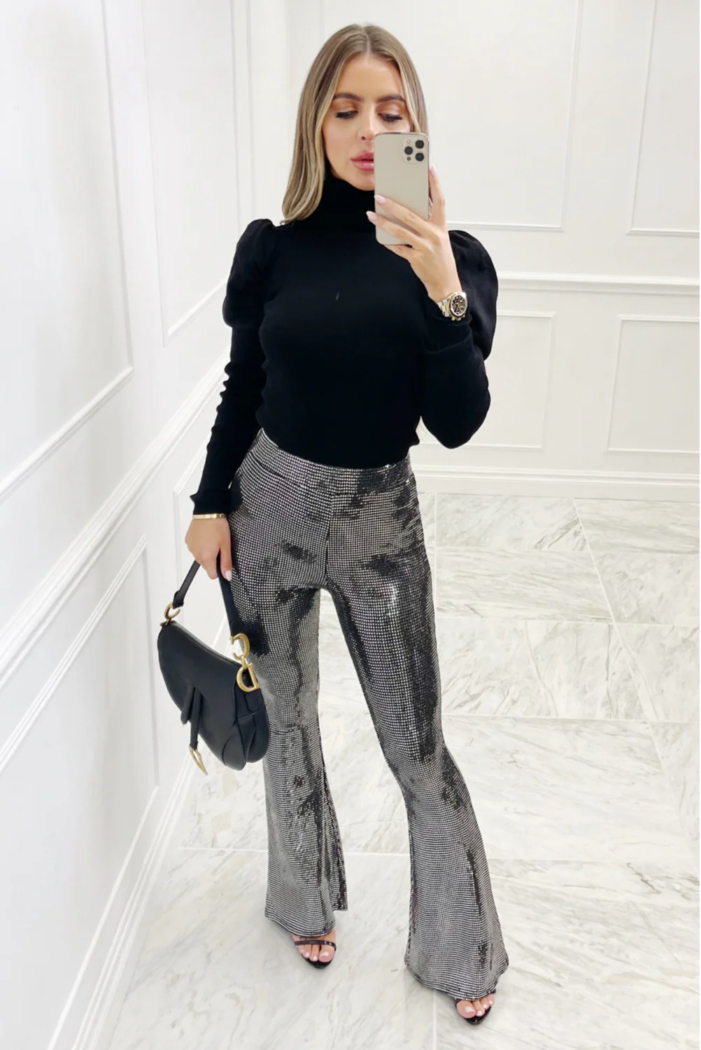 misha SILVER glitter sequin flared trousers - Image 2