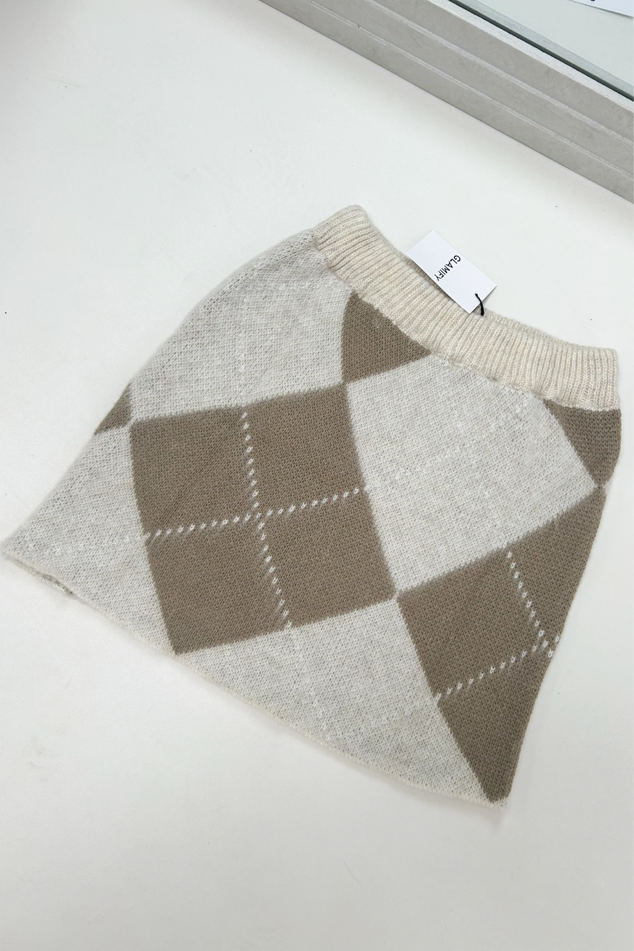 MITZI CREAM BEIGE CHECKED KNITTED SKIRT - Image 3