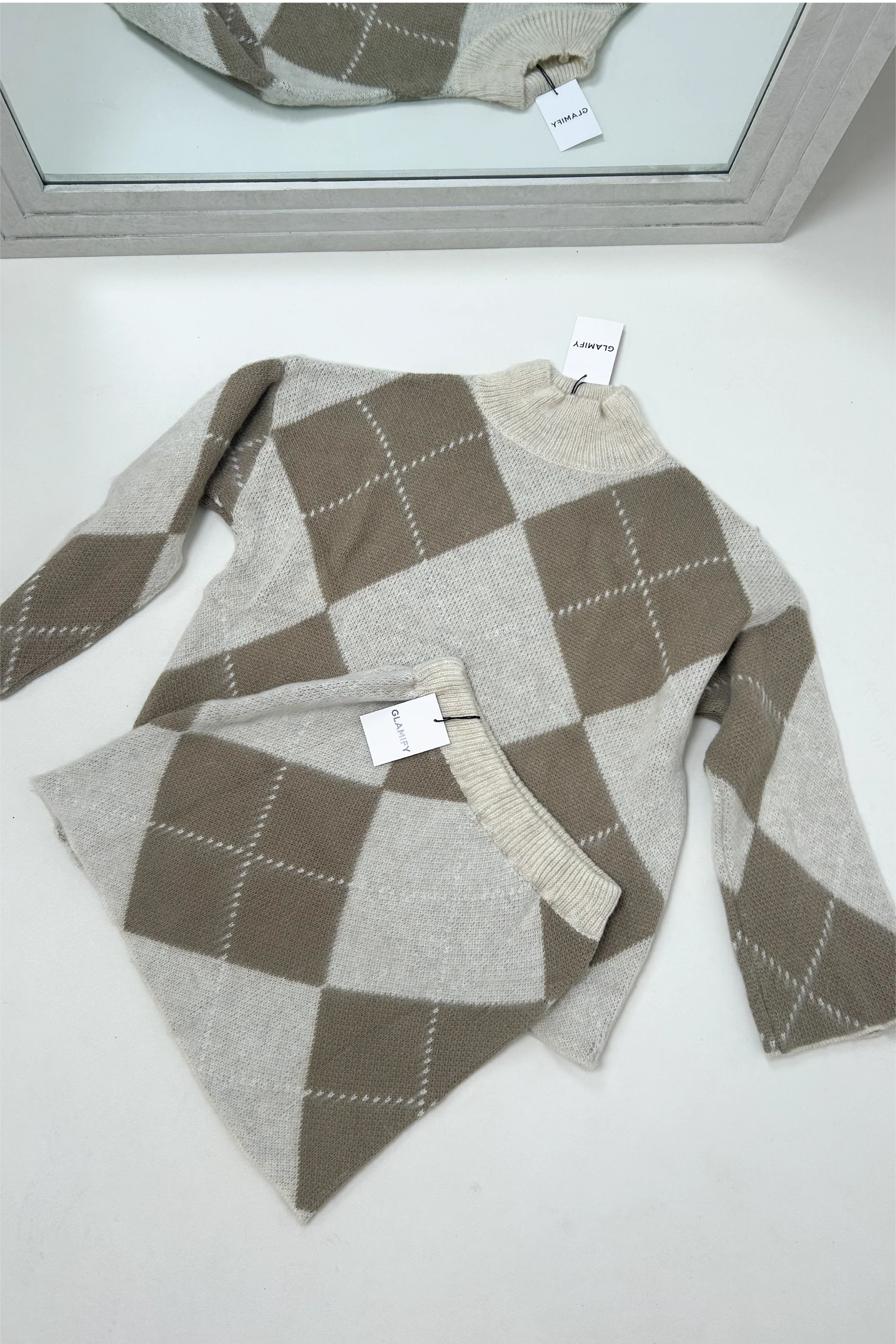 MITZI CREAM BEIGE CHECKED KNITTED SKIRT - Image 4