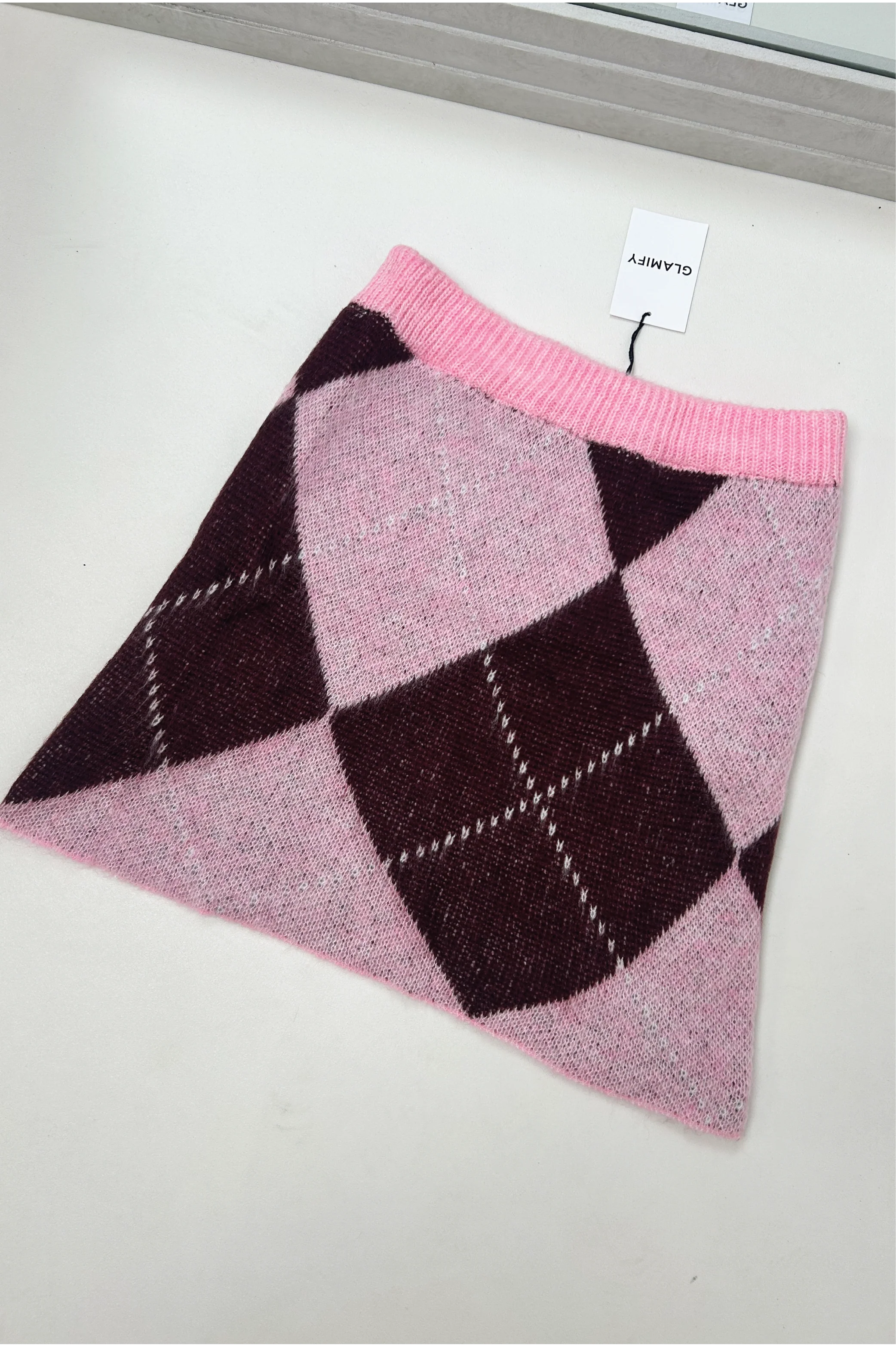 MITZI PINK WINE CHECKED KNITTED SKIRT - Image 3