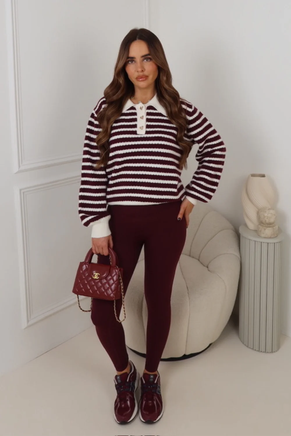 MONA BURGUNDY STRIPED BUTTONED KNITTED JUMPER - Image 2