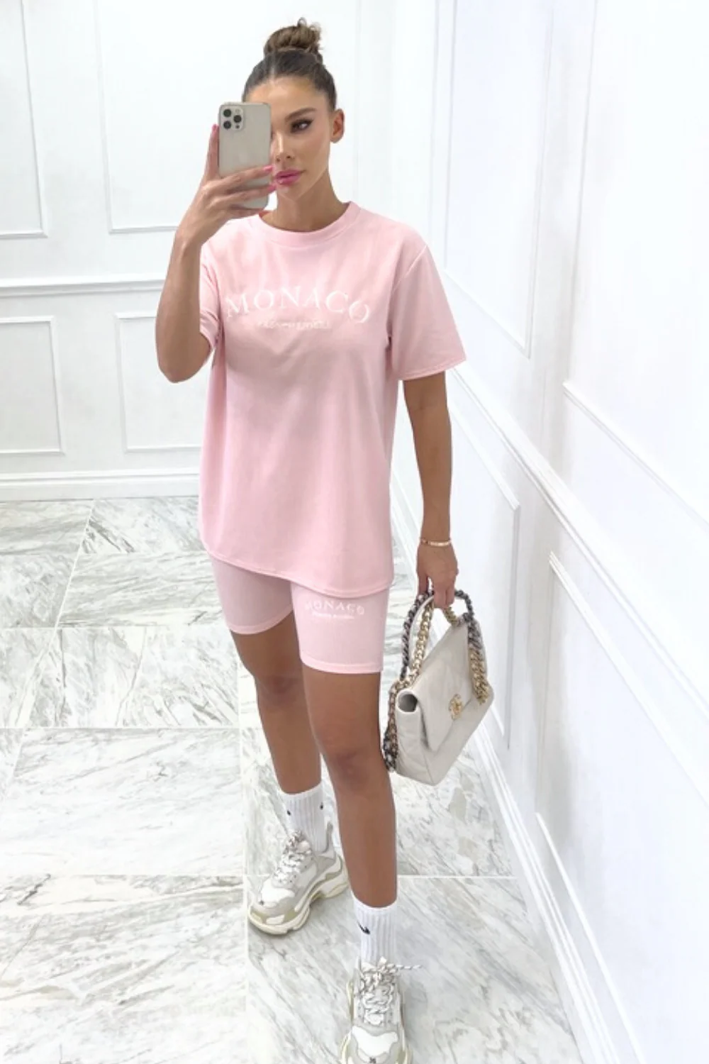 Monaco baby pink embroidered ribbed cycling short coord - Image 2