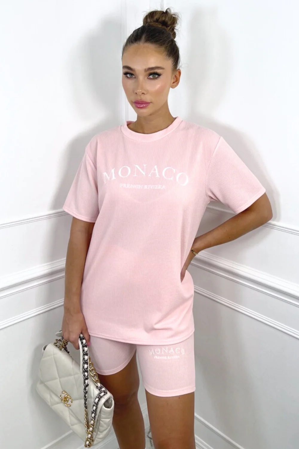 Monaco baby pink embroidered ribbed cycling short coord - Image 3