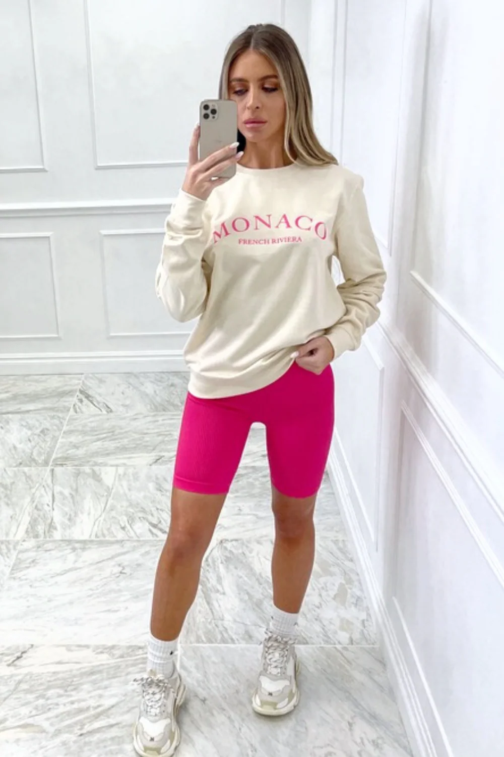 Monaco bright pink embroidered cream sweater - Image 2