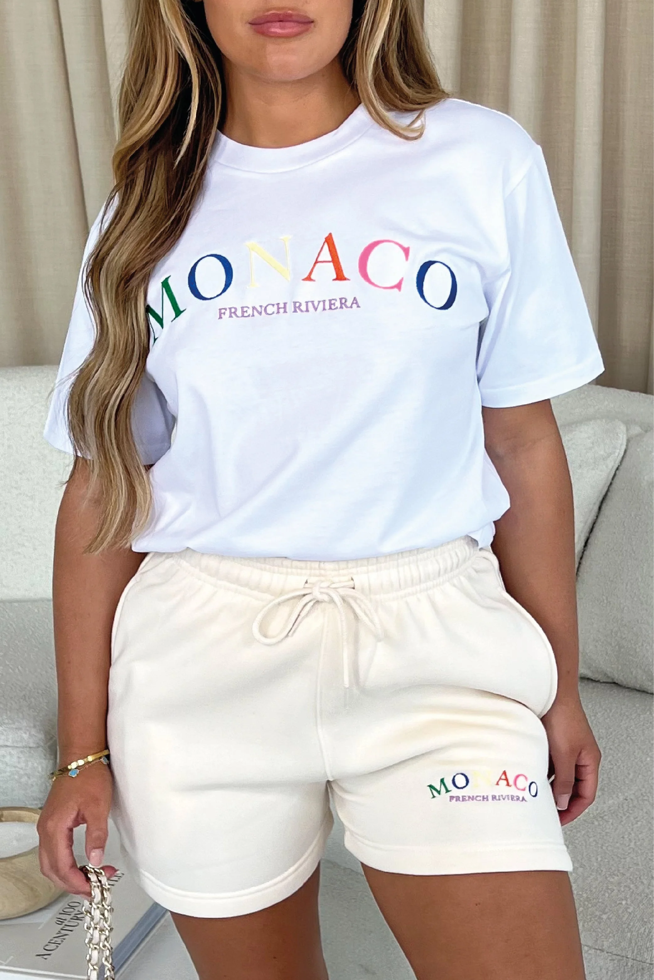 Monaco White Embroidered T-shirt and Ecru Short Co-ord