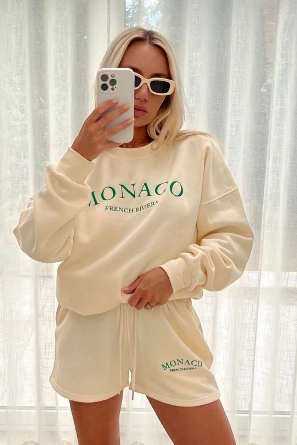 Monaco green embroidered ecru sweater short loungewear set - Image 3
