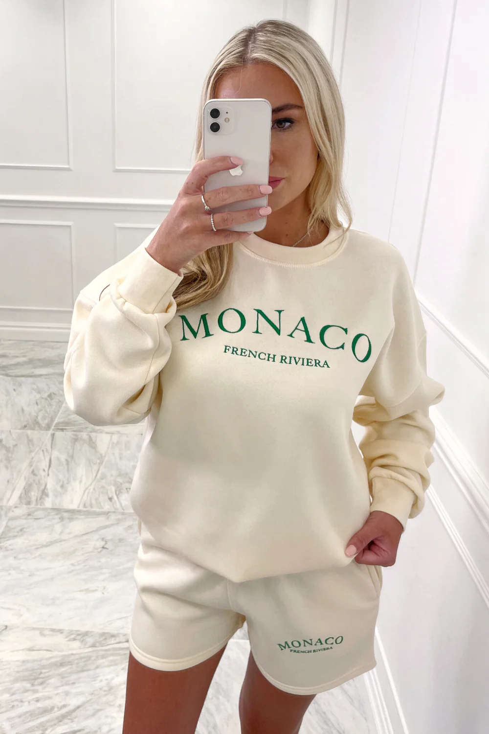 Monaco green embroidered ecru sweater short loungewear set - Image 6