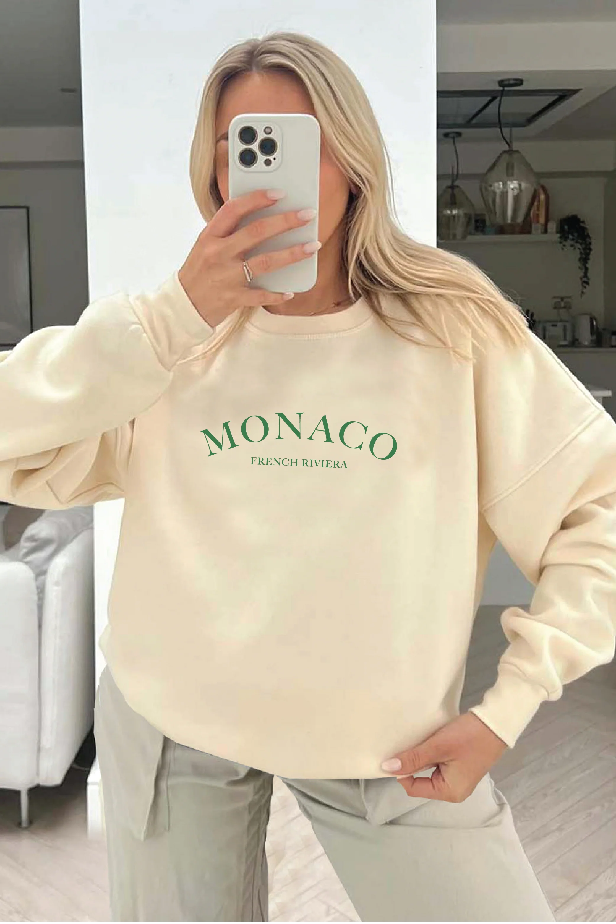 Monaco green printed ecru sweater