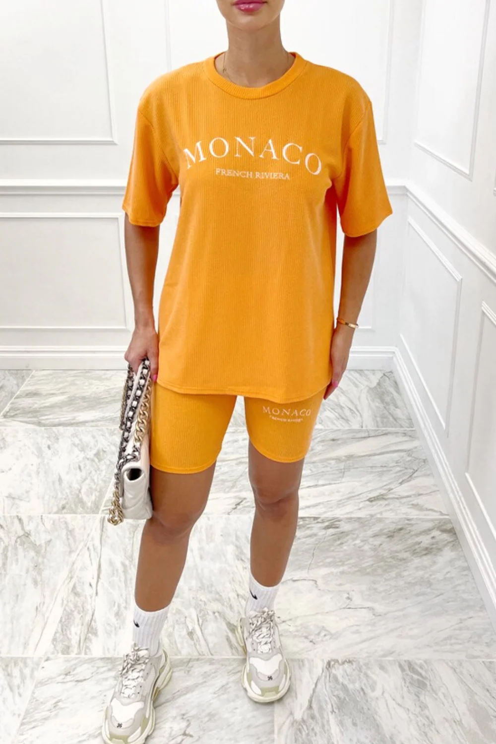 Monaco orange embroidered ribbed cycling short coord
