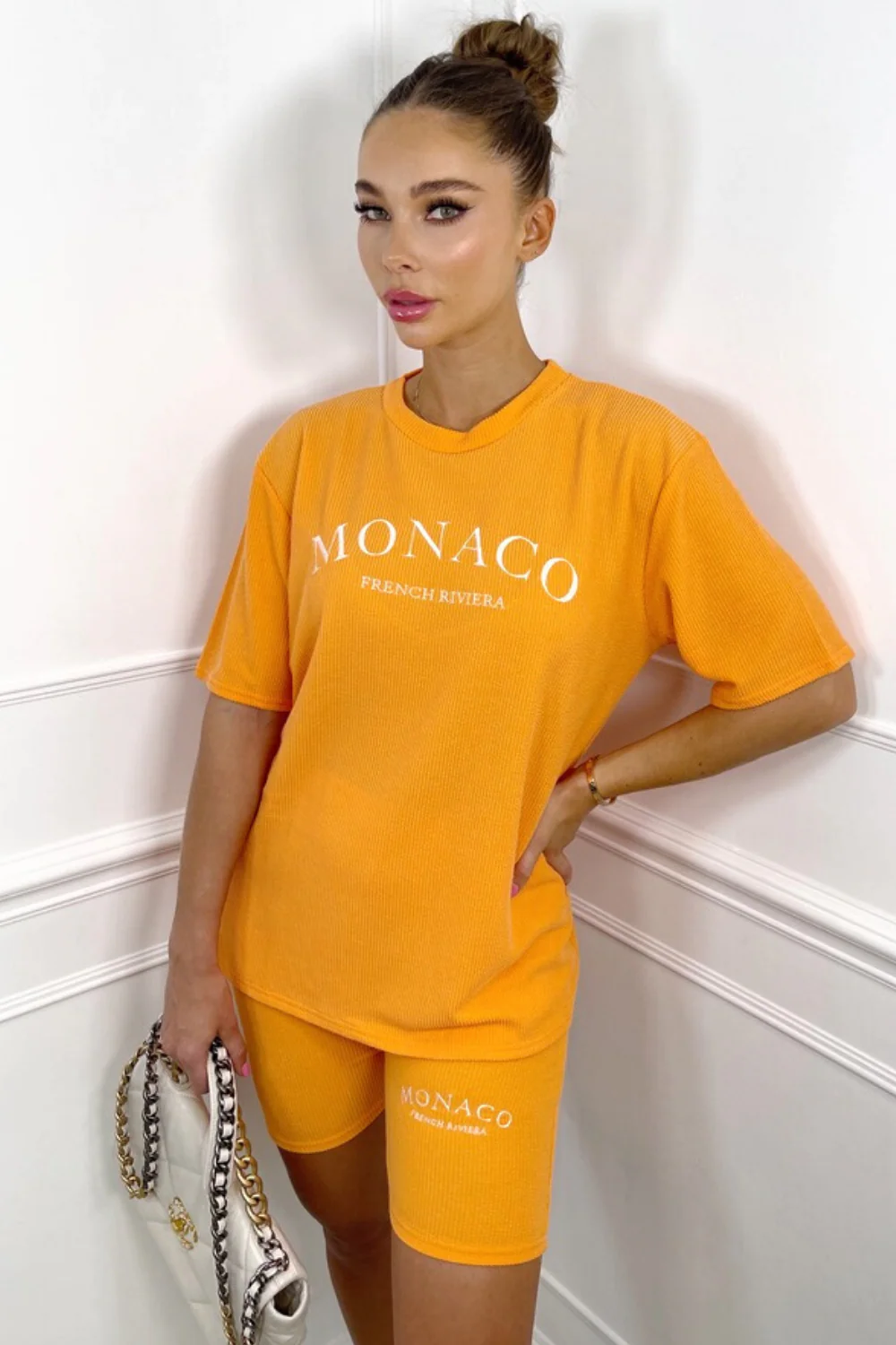 Monaco orange embroidered ribbed cycling short coord - Image 2