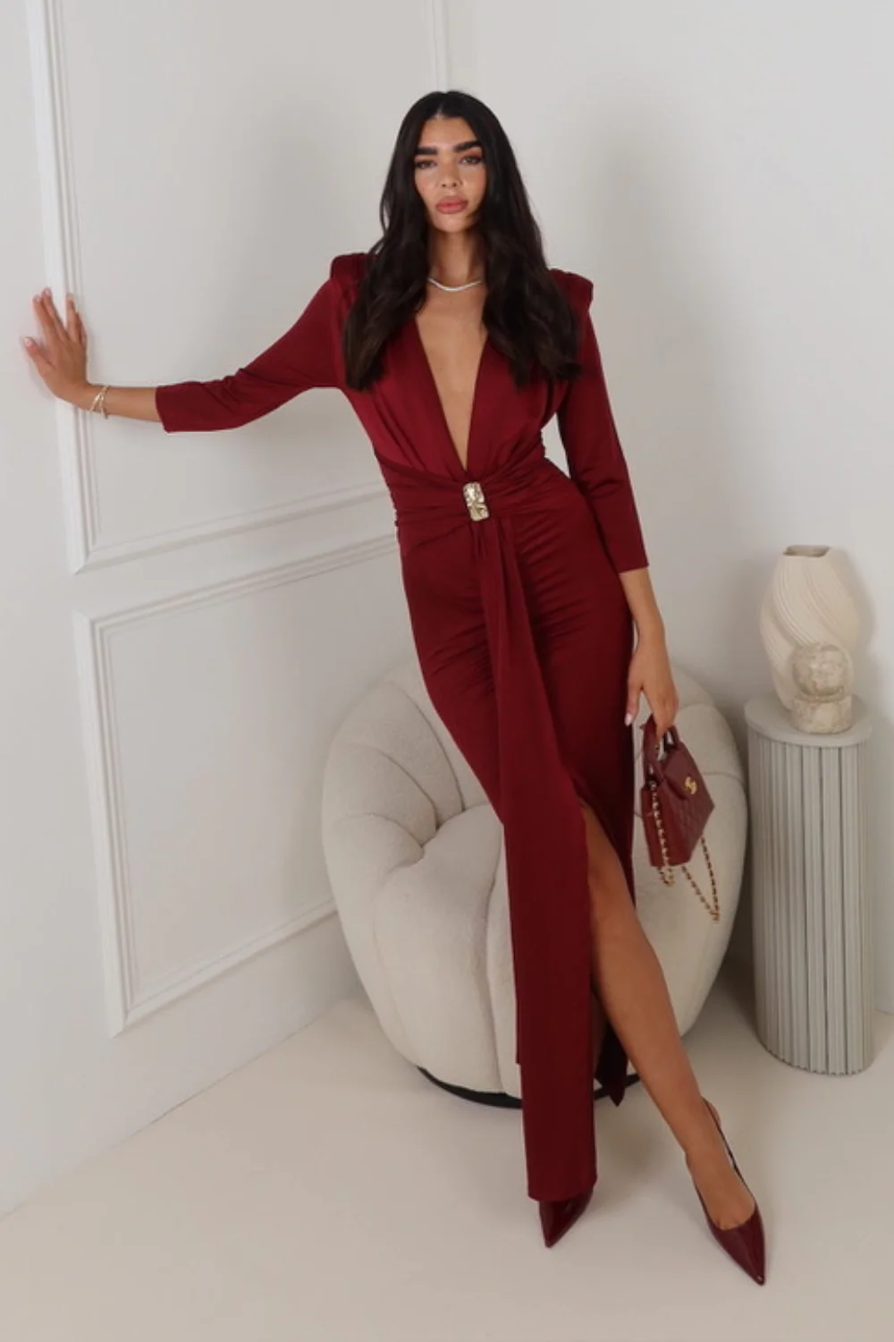 MONICA BURGUNDY LONG DRAPE DRESS - Image 2