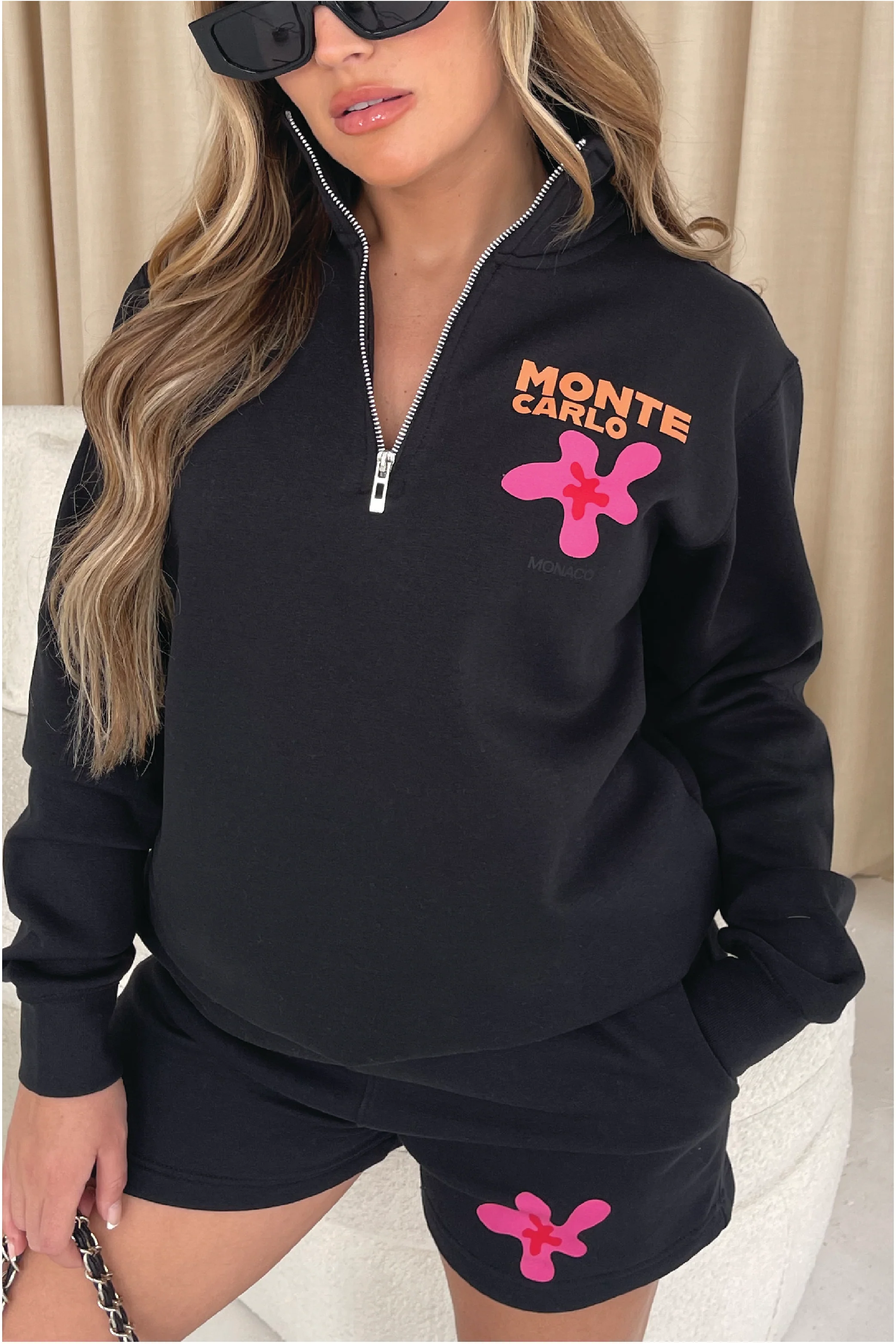 Monte Carlo Black 3/4 zip shorts PREMIUM loungewear set - Image 2