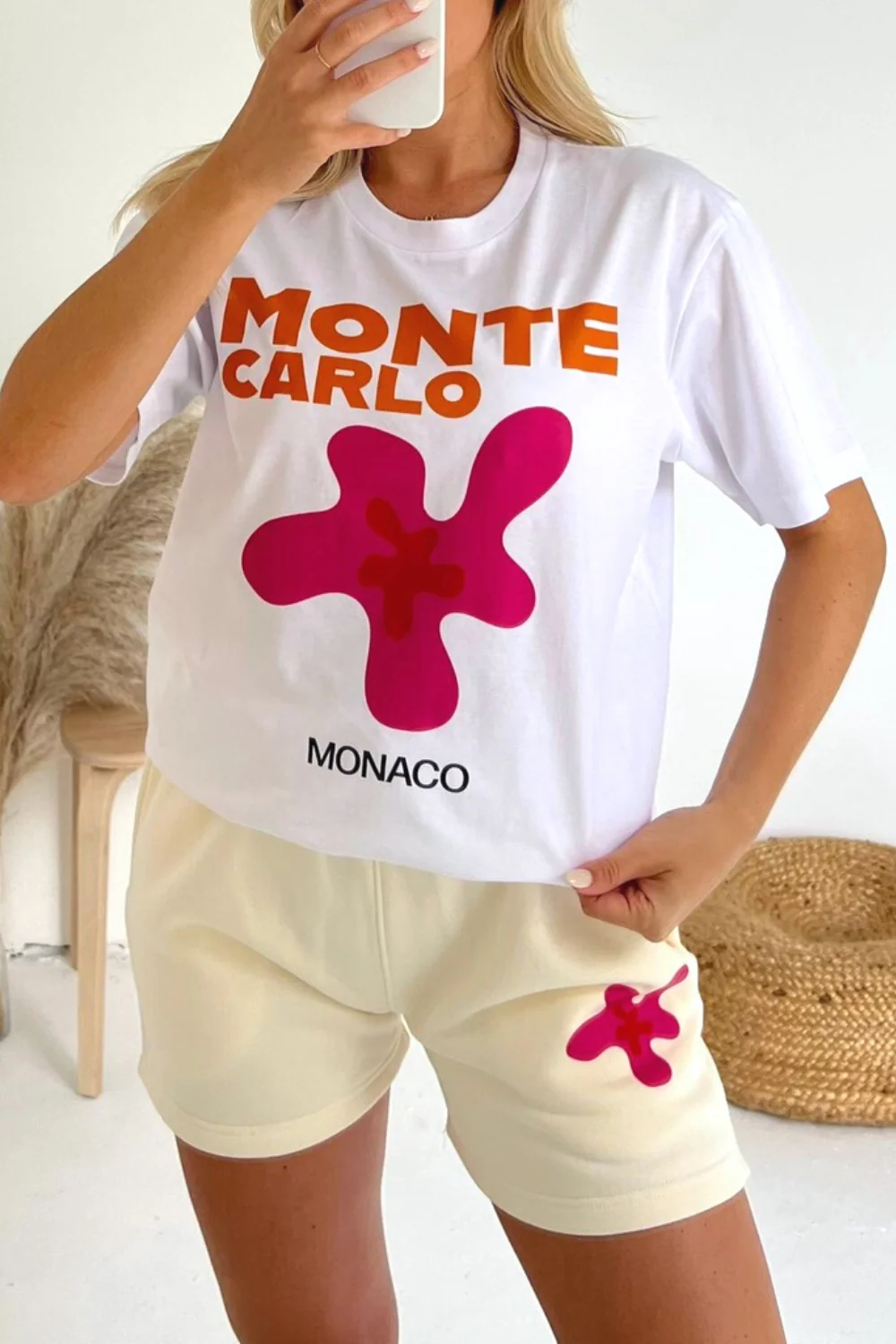 Monte Carlo white & ecru printed premium short tee coord - Image 2
