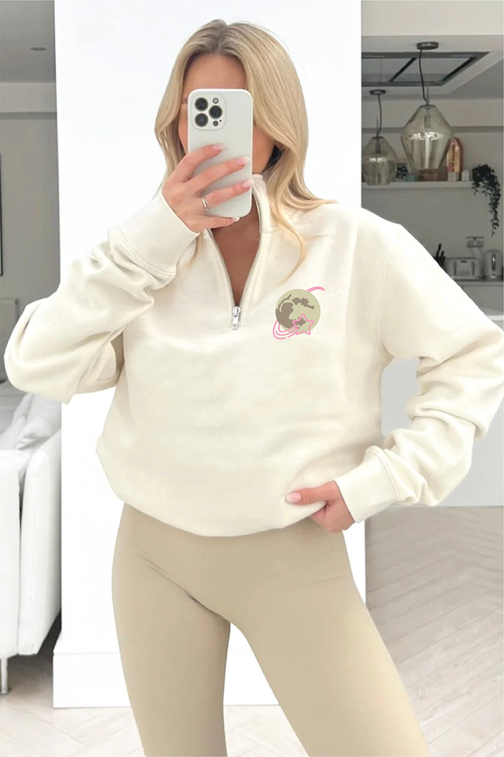 Moon Star Ecru Printed 1/4 zip sweater