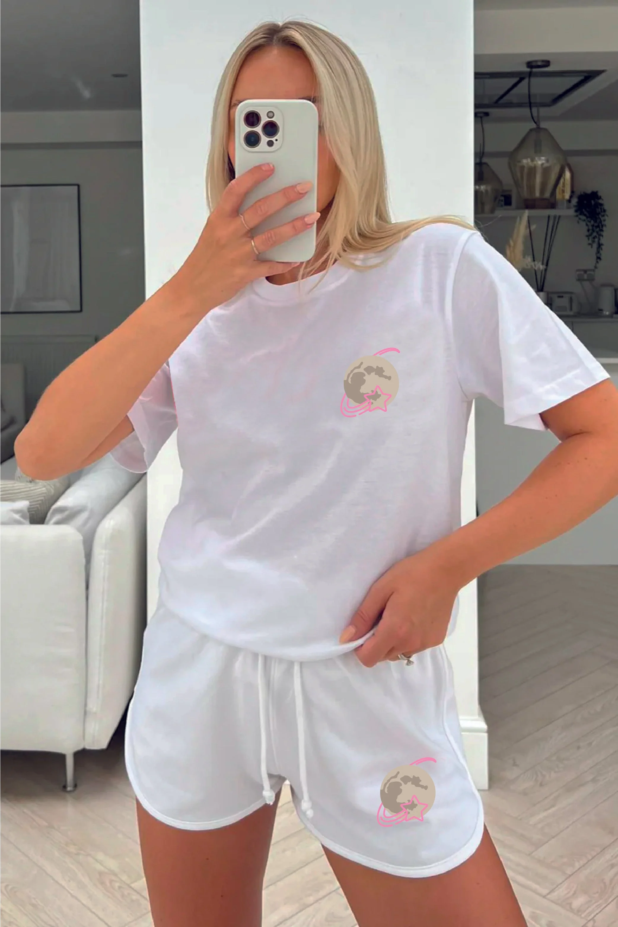 Moon white printed short tee coord