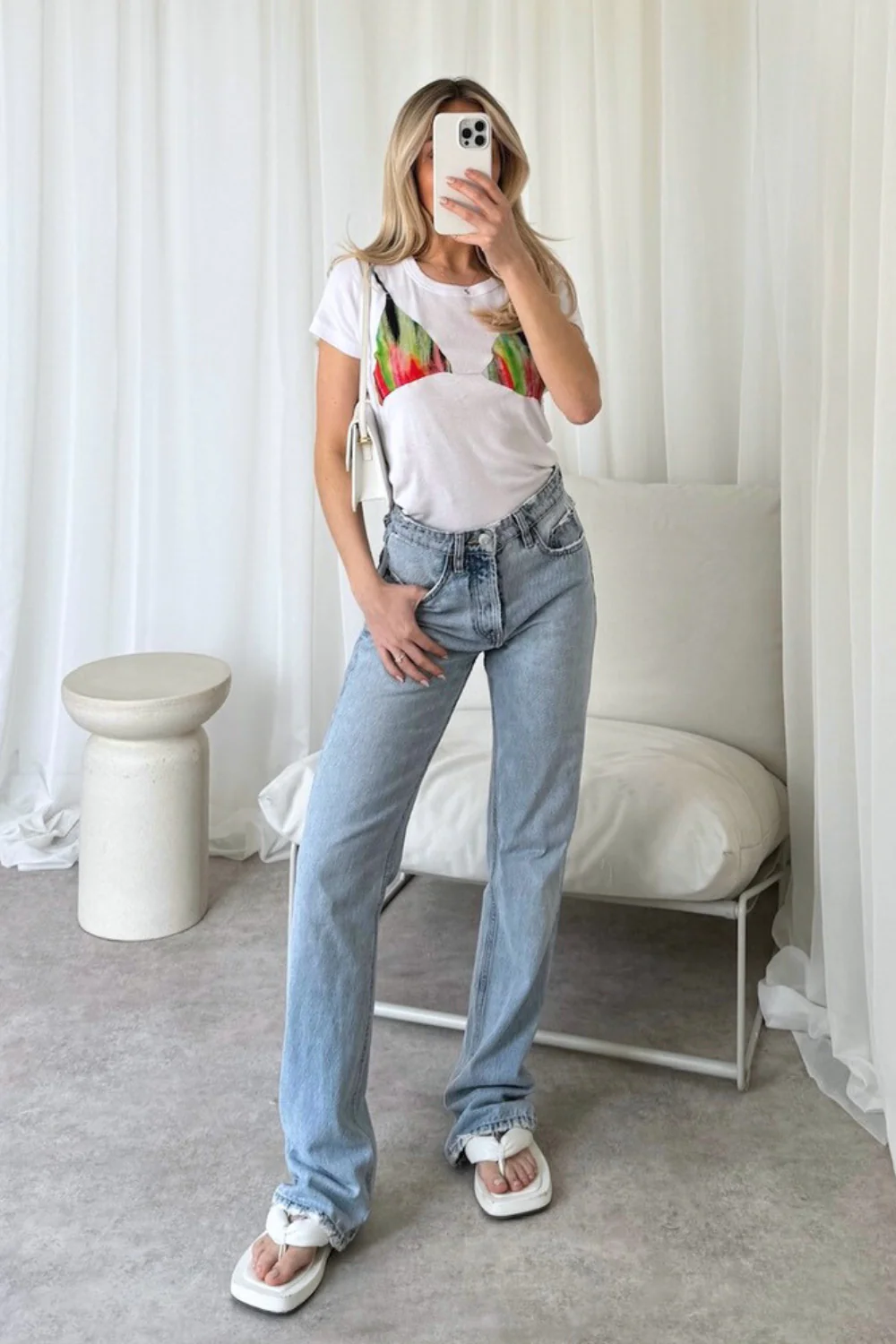 Multi colour bra print white baby tee - Image 3