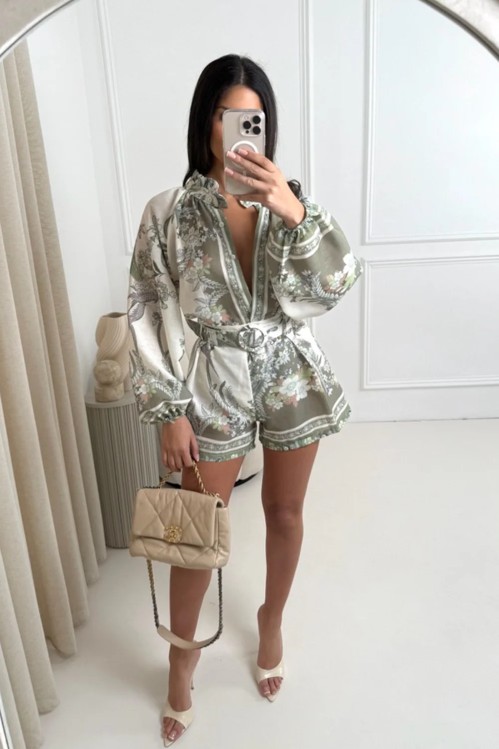 Myra green floral linen look shirt & shorts co ord - Image 4