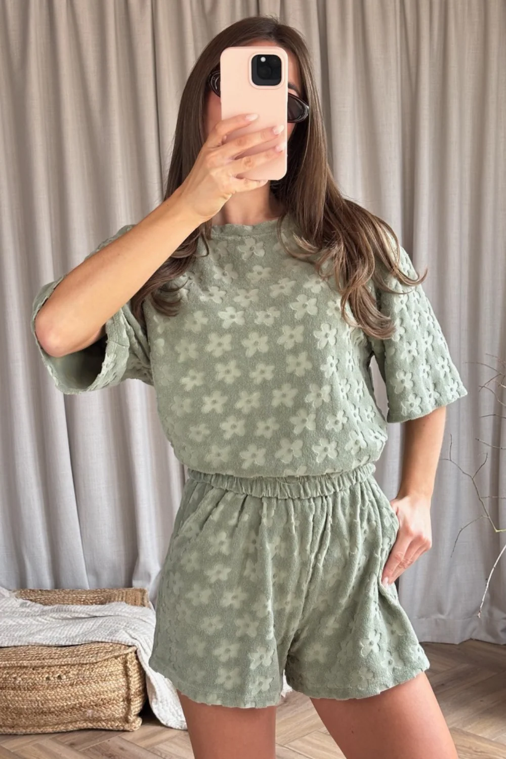 Nadine khaki floral towelling t-shirt & shorts co ord - Image 2